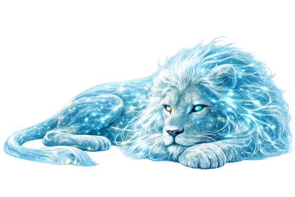 A reclining luminous blue lion — Mo´Joe art, transparent opening motif