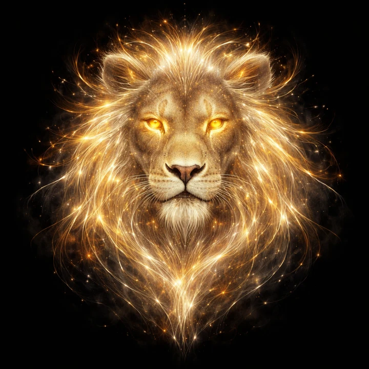A glowing golden lion on a black background — gallery opening motif