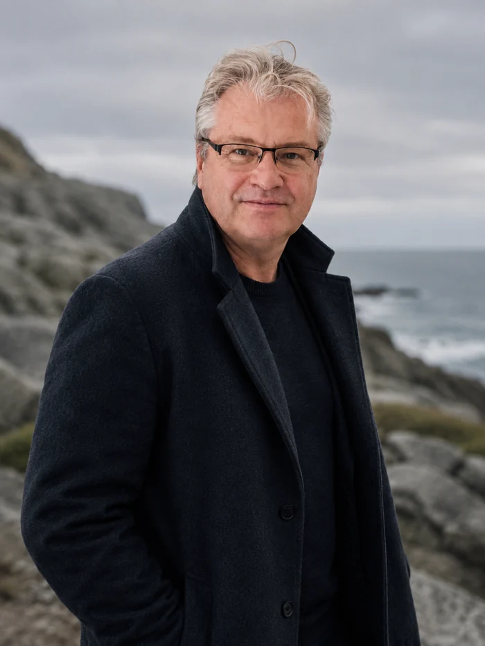 Radim Kaufmann in a dark coat by the coast