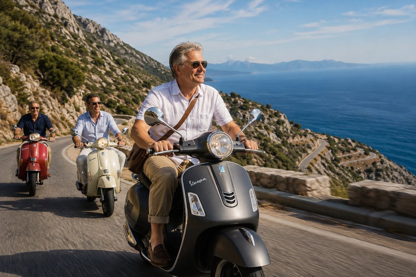 Radim Kaufmann riding a matte-charcoal Vespa GTS 300 scooter along the dramatic cliffside hairpins of the SH8 coastal road through the Llogara Pass on the Albanian Riviera, with two Albanian friends behind on a vintage cream Vespa and a red Lambretta, the deep cobalt Ionian Sea and the distant outline of the Greek island of Corfu visible on the horizon, Ceraunian Mountains rising steep on the left