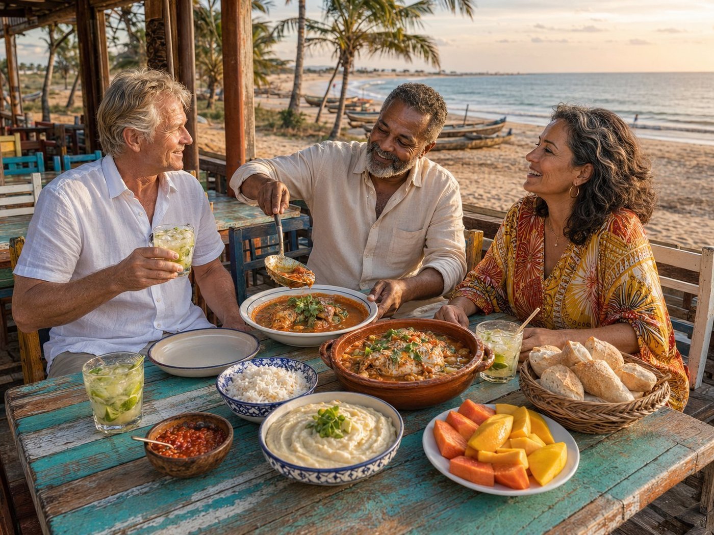 Radim Kaufmann at an outdoor beach restaurant terrace in Mussulo on the Atlantic coast of Angola with two Portuguese-Angolan friends - the husband in cream linen shirt mid-ladle serving moqueca, the wife in a vibrant coral-and-yellow Angolan-batik patterned dress laughing - sharing a magnificent traditional Angolan seafood feast: moqueca de peixe in earthenware bowls with rich orange-red coconut-tomato-palm-oil stew, white rice in a blue-and-white ceramic bowl, pirao cassava porridge, papo-seco bread, malagueta chili sauce, mango and papaya, three tall glasses of caipirinha angolana with crushed lime and cane rum, the Atlantic Ocean and small wooden fishing pirogues on the sandy beach beyond at sunset