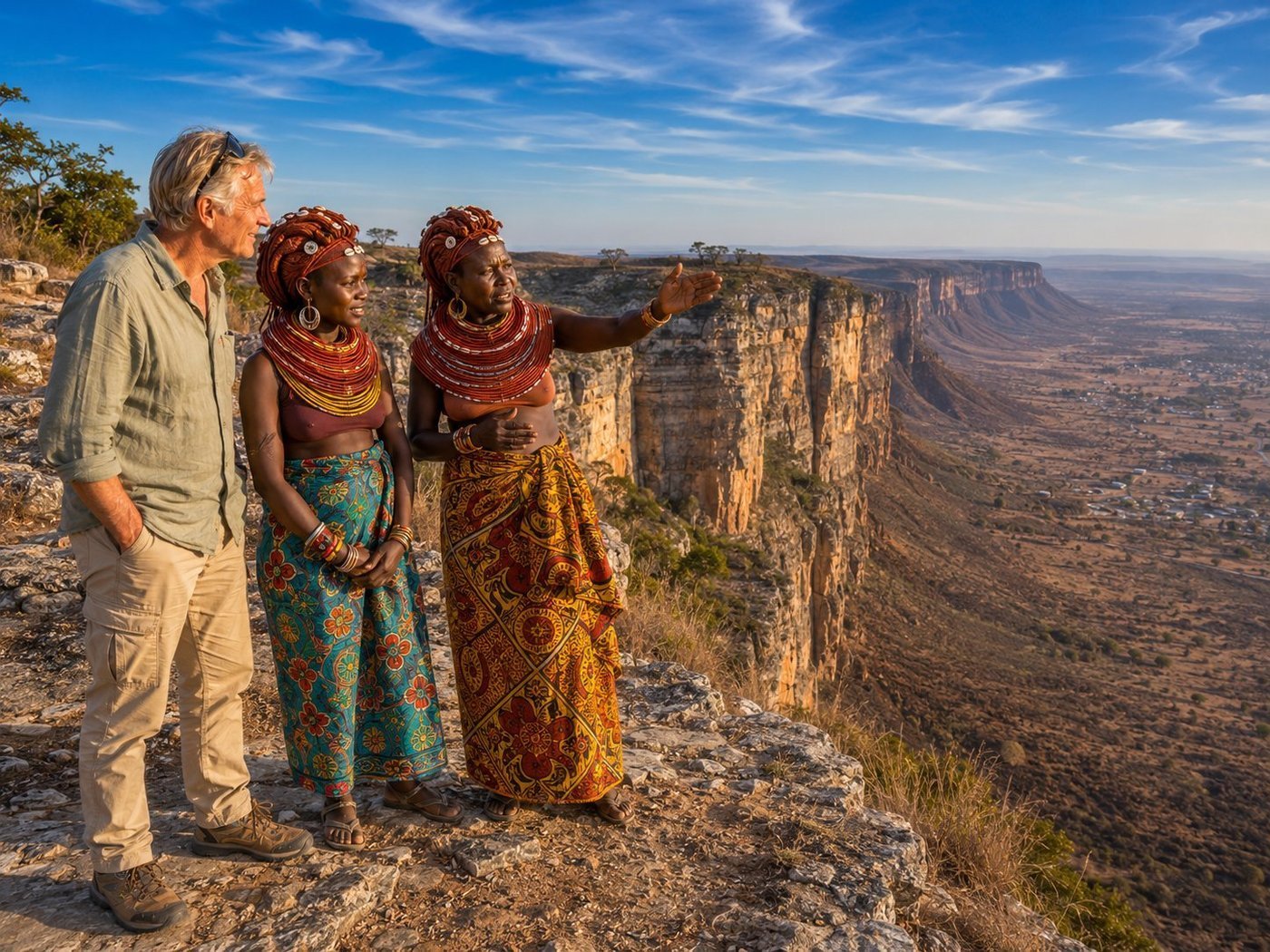 Radim Kaufmann standing respectfully at the edge of the spectacular Tundavala Gap viewpoint in the Serra da Chela mountains above Lubango in southern Angola, with two Mwila Muila women in their traditional nontombi hair styled with red-orange oncula paste and decorated with white seashells, layered vilanda neck collars of red and yellow beads, brass bangles, and vivid patterned cotton wrap skirts, the elder gesturing across the 1,200-metre vertical sandstone escarpment dropping into the Namib lowlands beyond