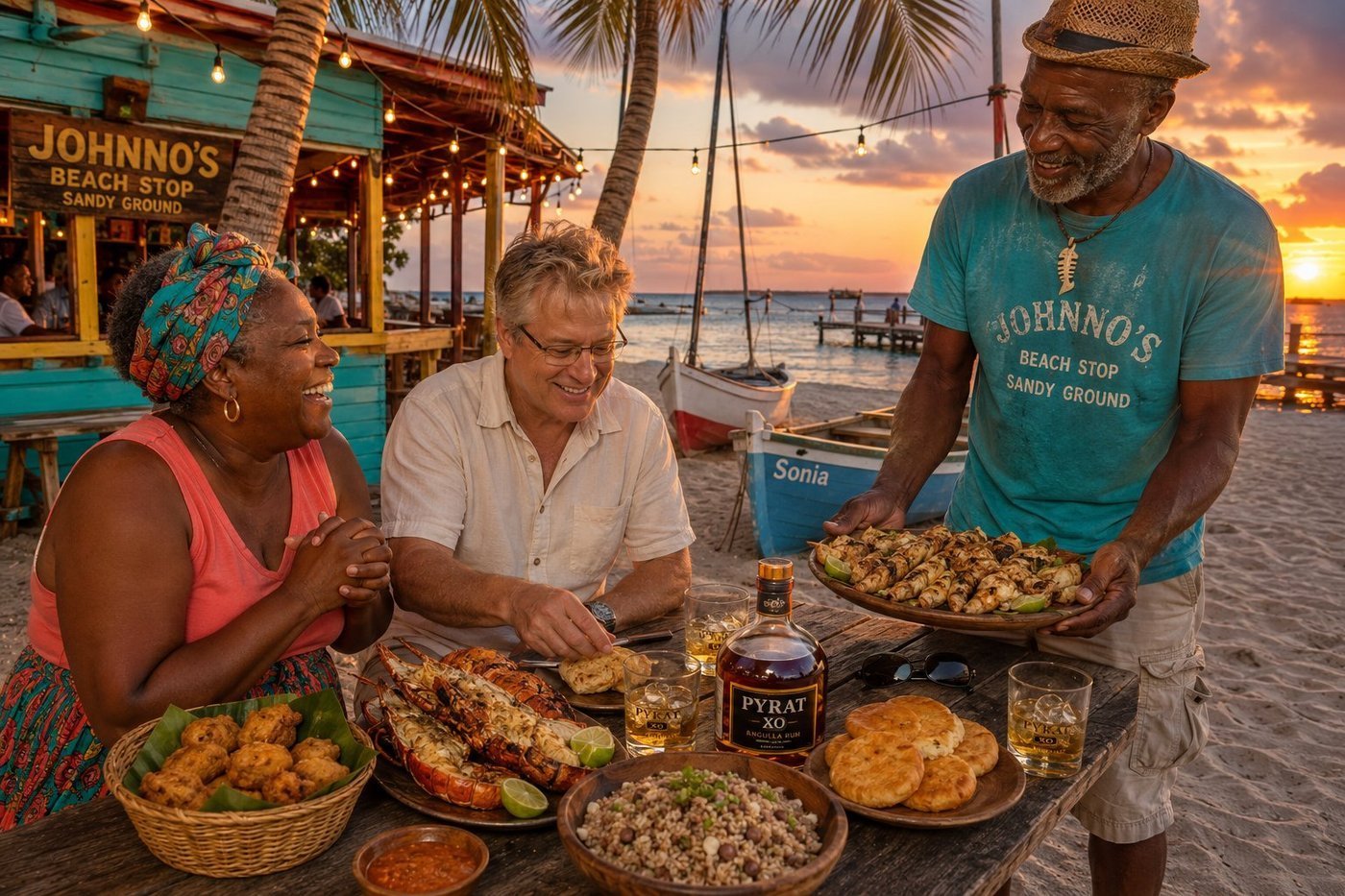 Radim Kaufmann at Johnno's Beach Stop on Sandy Ground Bay in Anguilla at sunset, with Bonnie laughing across the wooden picnic table and Johnno bringing a platter of grilled queen conch, the laden table featuring split-grilled Caribbean spiny crayfish, conch fritters in banana-leaf basket, pigeon peas and rice, golden johnnycakes, Pyrat XO Anguilla Rum bottle and Pyrat-branded tumblers, the racing sloop Sonia pulled up on the beach behind, bare-bulb fairy lights overhead, magnificent Caribbean sunset