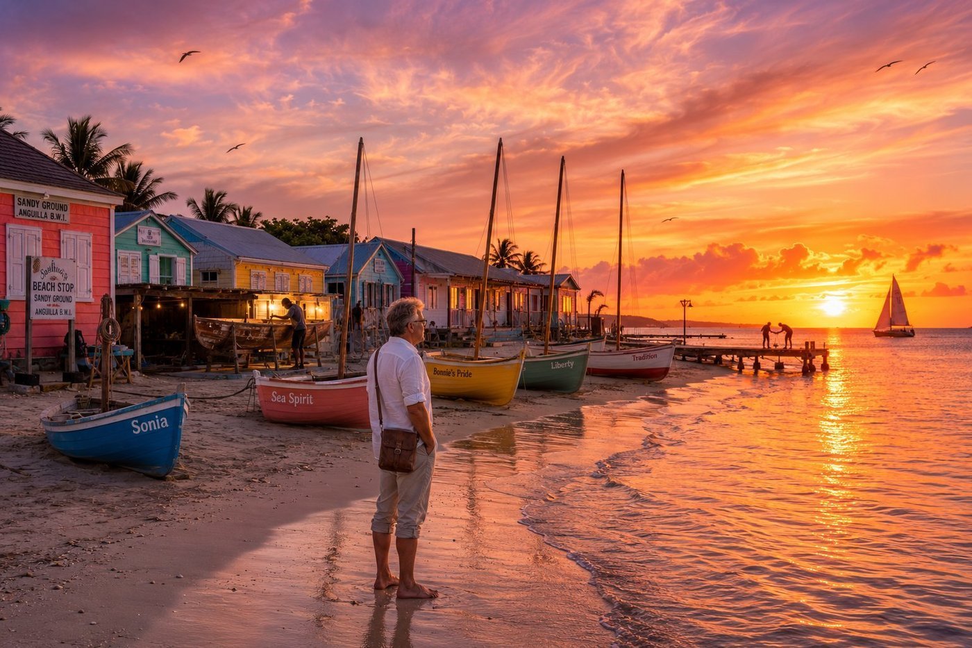 Radim Kaufmann standing barefoot at the water's edge on Sandy Ground beach in Anguilla at sunset, white linen shirt and rolled beige trousers, leather crossbody satchel, contemplating the orange-pink-purple sky, five Anguillian racing sloops Sonia, Sea Spirit, Bonnie's Pride, Liberty and Tradition pulled up on sand, pastel Caribbean village houses with Sandy Ground signage including Southside's Beach Stop, shipwright working on Liberty in the background, two fishermen on the wooden dock, single sailboat on the horizon, frigatebirds in the sky