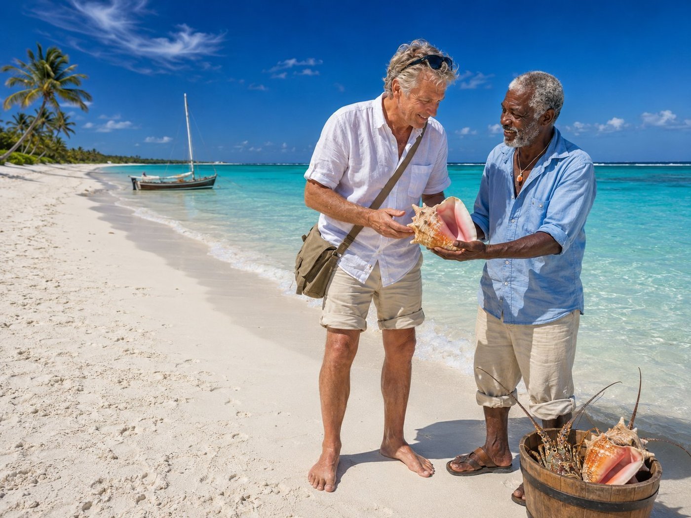 Radim Kaufmann barefoot on Shoal Bay East beach in northern Anguilla with a local fourth-generation Anguillian fisherman in his 60s in a faded sky-blue cotton fishing shirt holding out a freshly-caught pink queen conch shell with its iconic spiral form and polished pink interior, a wooden bucket beside them containing two more queen conch and a Caribbean spiny crayfish with long antennae, a traditional wooden Anguillian sloop moored just offshore, coconut palms along the bone-white powder-fine coral sand beach, turquoise-glass Caribbean water