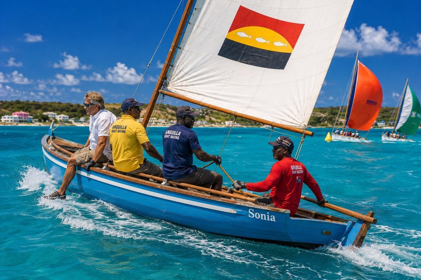 Radim Kaufmann racing on the traditional wooden Anguillian sloop Sonia during the Anguilla Boat Race at Sandy Ground Bay, captain Glenford visible at the stern holding the long wooden tiller, full sky-blue wooden hull and cockpit interior visible, three Anguillian crew in Anguilla Boat Racing caps positioned along the windward rail as live ballast, sail with Anguilla flag emblem and three fish, two competing sloops in the background with orange and green sails, pastel Caribbean village along the coast