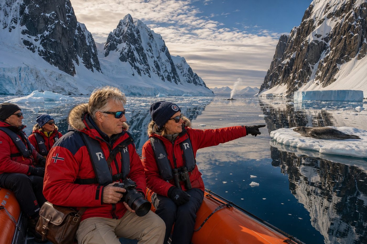 Radim Kaufmann seated at the bow of an orange Zodiac expedition boat cruising slowly through the narrow Lemaire Channel on the western side of the Antarctic Peninsula, wearing a red Norwegian polar expedition parka and a life vest with R expedition company logo, glacier sunglasses, holding a DSLR camera, with Norwegian expedition guide Astrid in matching red parka and life vest, wool cap, binoculars around her neck, pointing toward a Weddell seal hauled out on a small ice floe, dramatic vertical ice-and-rock walls rising 1000 metres on both sides of the 11-kilometre channel, deep blue-black water mirror-still and reflecting the walls perfectly, fragments of ice and a single tabular iceberg, a humpback whale spout in the distance, two other expedition guests visible at the back of the Zodiac, low golden Antarctic sun filtering through high cloud