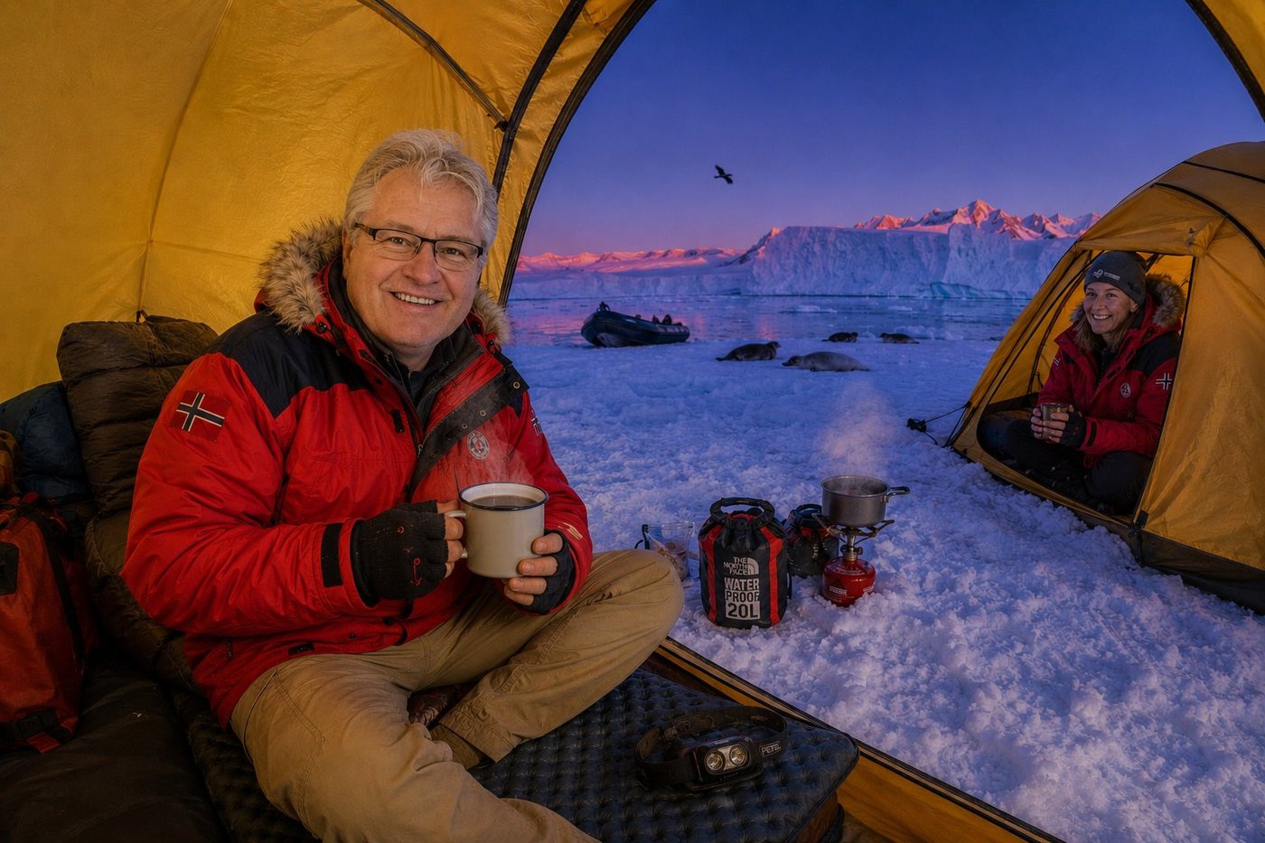 Radim Kaufmann sitting cross-legged on an inflated sleeping pad inside a small bright-yellow expedition tent at an overnight camp on the sea ice of Paradise Bay on the Antarctic Peninsula at midnight twilight, wearing his red Norwegian polar expedition parka with the small Norwegian flag patch on the right shoulder, fingerless gloves, glasses on, smiling at the camera, holding a steaming enamel mug of hot chocolate, expedition gear including a Petzl headlamp on the pad and a The North Face Waterproof 20L dry bag and a small camp stove with a steaming pot, beside Astrid the Norwegian expedition guide in her adjacent yellow tent across a small snow vestibule, several crabeater seals on the ice outside, an orange Zodiac pulled up on the ice fifty metres away, magnificent pink-orange alpenglow on the distant glacier walls and tabular icebergs under a deep cobalt-violet midnight twilight sky