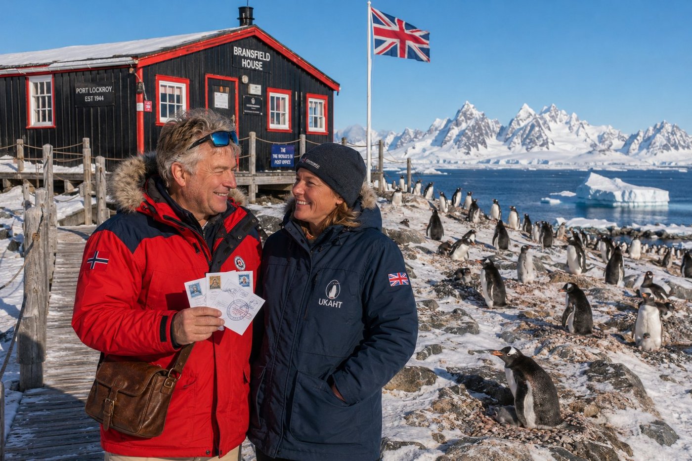 Radim Kaufmann at Port Lockroy on Goudier Island, Antarctic Peninsula, standing on a wooden walkway holding three stamped postcards bearing the Port Lockroy postmark, beside Sophie, a UK Antarctic Heritage Trust volunteer in navy UKAHT parka with the embroidered penguin logo and Union Jack patch, the historic 1944 black-and-red wooden Bransfield House behind, signs reading PORT LOCKROY EST 1944, BRANSFIELD HOUSE, and the world's southernmost post office, the Union Jack flying on a tall flagpole, a large colony of gentoo penguins nesting on the snowy rocks around the building with one penguin on a pebble nest in the foreground, the cobalt-blue waters of Port Lockroy harbour with a single tabular iceberg and the snow peaks of Wiencke Island beyond
