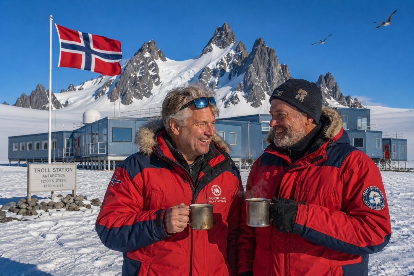 Radim Kaufmann at Troll Station in Queen Maud Land, Antarctica, with Lars, a Norwegian glaciologist from the Norwegian Polar Institute, both wearing red Norwegian polar expedition parkas and holding steaming metal mugs of coffee, the Norwegian flag flying on a tall flagpole behind them, the blue-grey modular buildings of the year-round Norwegian Antarctic research base on stilts, the dramatic dark granite spires of the Jutulsessen mountain range rising behind, the station sign reading TROLL STATION ANTARCTICA 72°00'S 2°32'E 1270 m a.s.l., South Polar skuas wheeling overhead, brilliant cobalt-blue Antarctic summer sky
