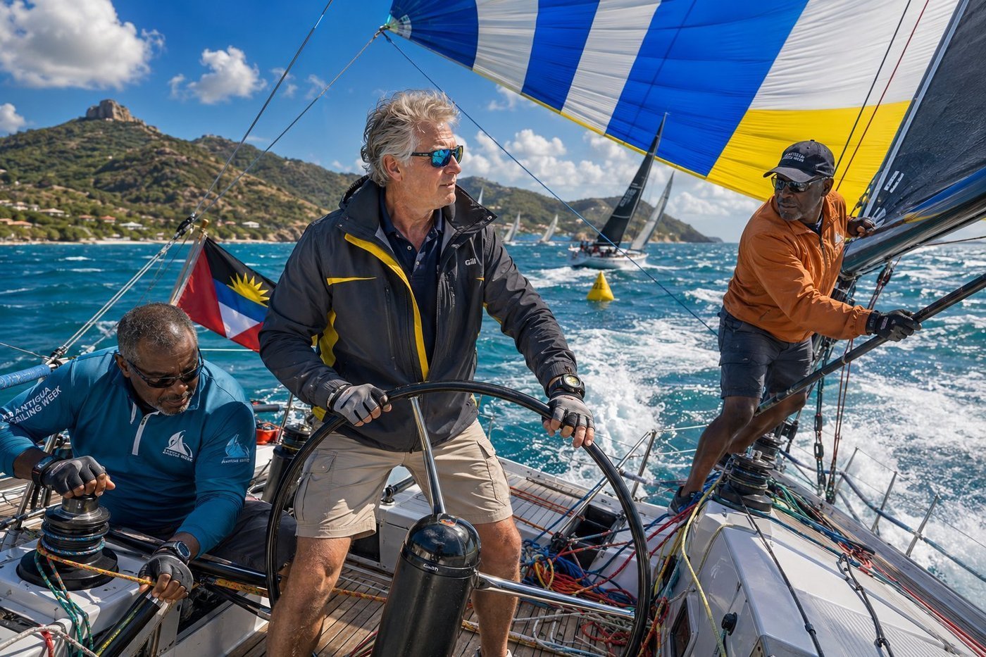 Radim Kaufmann at the helm of a 50-foot racing sailing yacht during the Antigua Sailing Week regatta in the Caribbean, with two Antiguan sailing-buddy crew - one trimming the mainsheet, one managing the spinnaker pole - the blue-white-yellow spinnaker fully filled overhead, Antigua's national flag flying at the stern, a yellow inflatable course marker visible, competing yachts and the silhouette of Shirley Heights behind