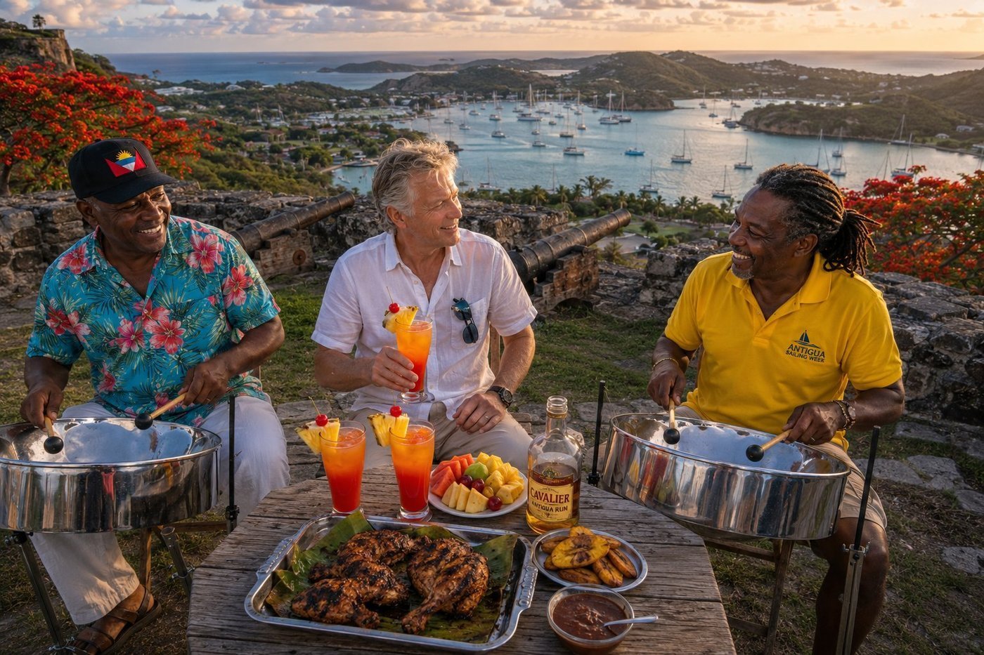 Radim Kaufmann at the Shirley Heights ruined 1781 British garrison above English Harbour in Antigua at sunset, with two Antiguan musicians playing steel pan drums - one in turquoise floral shirt and Antigua flag cap, one in yellow Antigua Sailing Week polo with dreadlocks - three tall glasses of rum punch with pineapple and cherry garnish on the rustic wooden table, a metal tray of freshly grilled Antiguan jerk chicken on a banana leaf, golden plantains, fresh tropical fruit, a Cavalier Antigua Rum bottle, the ruined ramparts and historic British cannons behind, English Harbour packed with dozens of moored sailing yachts visible 200 metres below, flame trees in red bloom flanking the ramparts, glorious Caribbean sunset