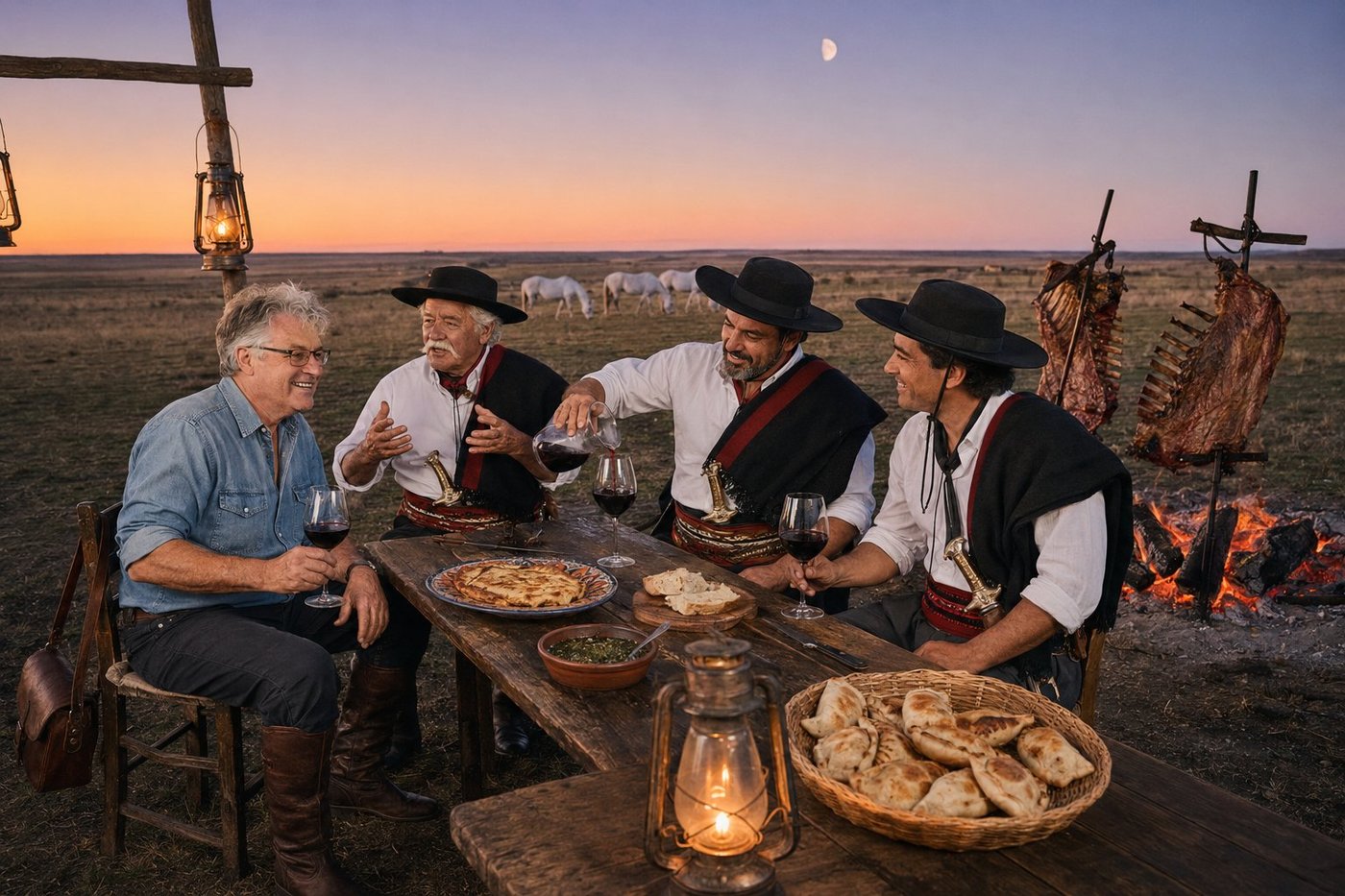 Radim Kaufmann at an asado dinner in the open Argentine pampa at dusk, sitting on a worn leather camp stool at a long wooden plank table in a soft denim shirt with sleeves rolled to the elbows, a leather camera bag on the back of his chair, holding a glass of Argentine Malbec, smiling, with three Argentine gauchos — Don Eduardo in his 60s with silver-grey hair and a white walrus moustache, Hernán in his 50s with salt-and-pepper hair pouring more Malbec from a hand-blown decanter, and Joaquín in his 40s laughing — all three in classic gaucho attire of black flat-brimmed gaucho hats with chin straps, white shirts with rolled sleeves, dark wool ponchos over one shoulder, wide red-and-black faja sashes, ornate silver-handled facón knives in leather sheaths, baggy bombacha trousers tucked into tall black leather boots, the asado fire pit beside them with a whole side of beef ribs and tira de asado spit-roasting on iron crosses over glowing quebracho embers, on the table chimichurri in a clay bowl and crusty bread and a hand-painted platter of provoleta and a wide straw basket of empanadas, three white Criollo horses grazing in the middle distance, a half-moon already visible in the lavender sunset sky, two oil hurricane lanterns hanging from a wooden frame