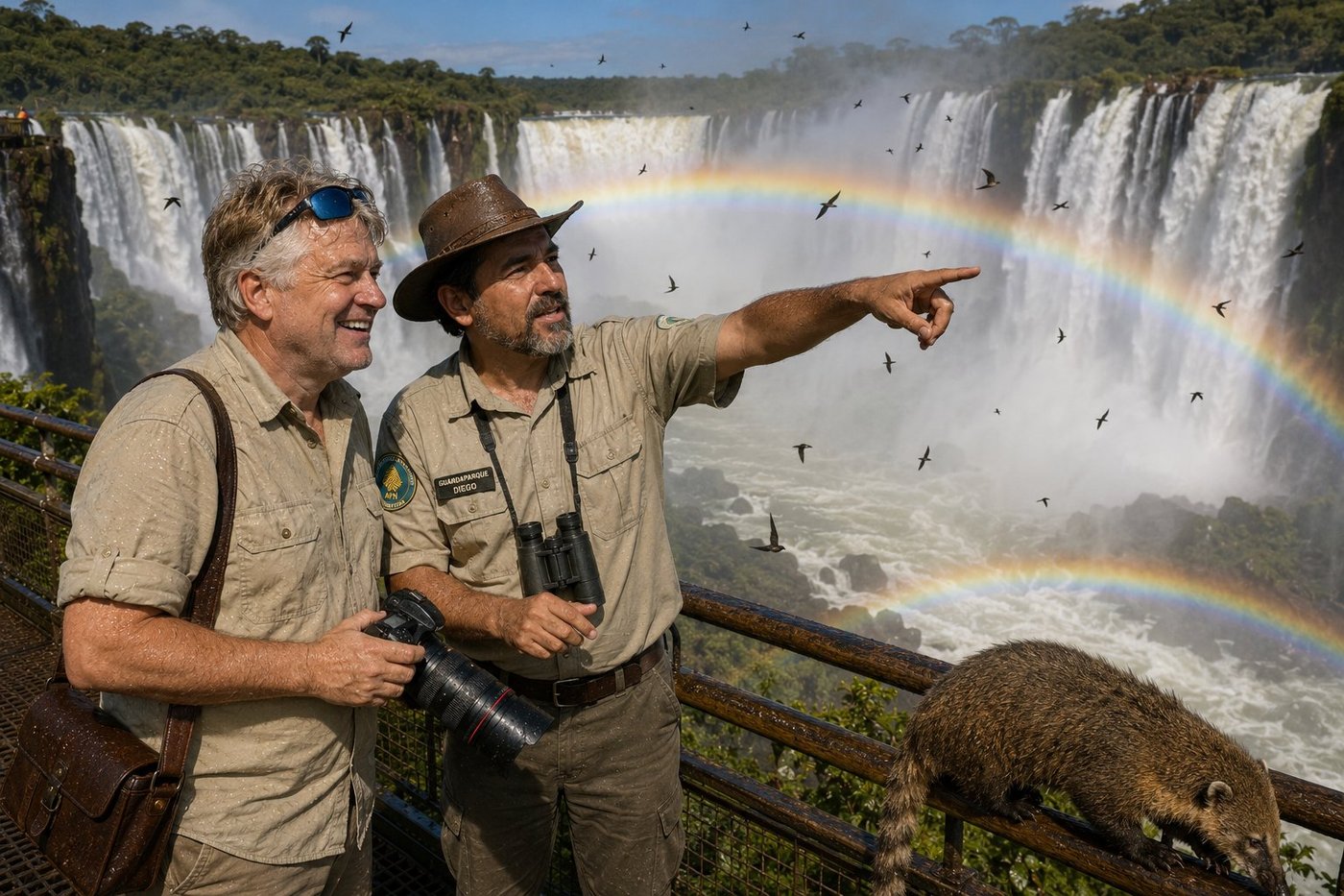 Radim Kaufmann standing on the metal walkway at the Garganta del Diablo (Devil's Throat) viewpoint of Iguazu Falls on the Argentine side, wearing a khaki safari shirt with rolled sleeves, leather camera bag over one shoulder, holding a DSLR camera with a telephoto lens, lightly drenched by spray, beside Diego, an Argentine guardaparque from Parque Nacional Iguazú in khaki ranger uniform with embroidered APN logo on the right sleeve, GUARDAPARQUE DIEGO name patch on the chest, leather brimmed park ranger hat, binoculars around his neck, gesturing toward a flock of great dusky swifts flying through the curtain of falling water, the immense U-shaped chasm of the Devil's Throat dropping 82 metres into thunderous mist, a vivid double rainbow arching across the spray, lush subtropical rainforest cliffs above the falls, a South American coati sniffing along the wooden railing in the foreground