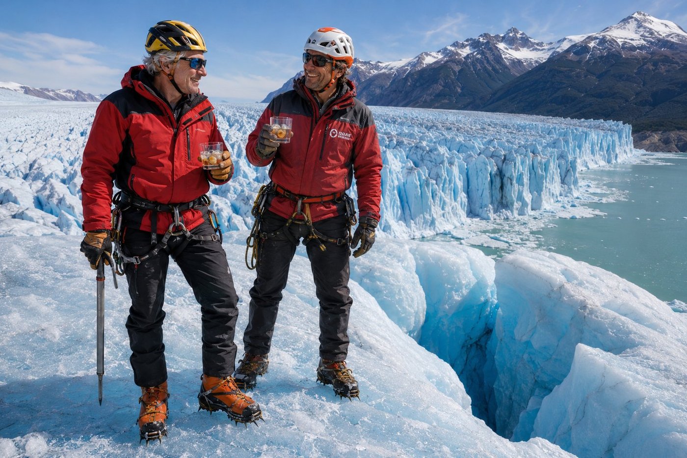 Radim Kaufmann ice trekking on the surface of the Perito Moreno glacier in Los Glaciares National Park, Argentine Patagonia, wearing a red-and-black mountaineering shell jacket, dark trekking trousers, orange leather mountaineering boots with full crampons biting into the blue glacial ice, a climbing harness with carabiners, a yellow climbing helmet, blue glacier sunglasses, holding an ice axe staked beside him and a clear tumbler with two cubes of pure glacial ice and a finger of Argentine whisky, smiling, beside Matías, a 50-something Argentine mountain guide from Hielo y Aventura in matching red-and-black shell and white-orange helmet holding his own glass of whisky-on-glacial-ice, both standing at the edge of a brilliant blue crevasse with the immense 5-kilometre-wide vertical front of the Perito Moreno glacier stretching behind them, the brackish Lago Argentino visible in the lower right, the granite spires of the Cordillera de los Andes rising in the distance, brilliant cold Patagonian sunlight