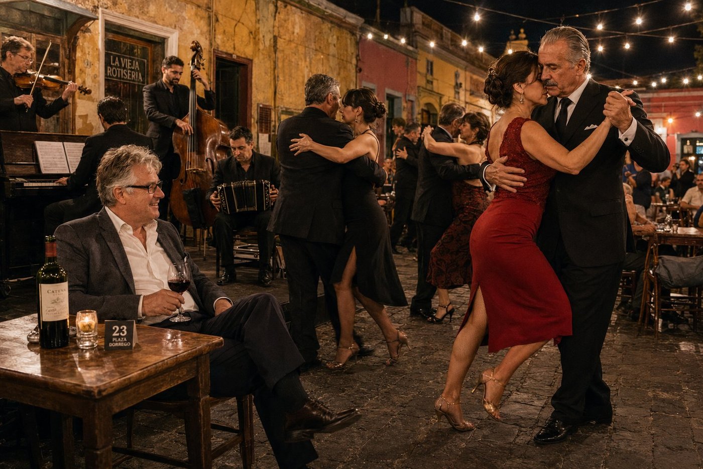 Radim Kaufmann sitting at a small wooden table at the Sunday-evening milonga on Plaza Dorrego in San Telmo, Buenos Aires, wearing a charcoal-grey blazer over a crisp white shirt open at the collar, leaning back in his chair with a glass of Catena Malbec, an open Catena bottle and a table-number marker reading 23 PLAZA DORREGO on the wooden table, watching a couple dance tango on the cobblestones: the woman in a red knee-length tango dress executing a gancho in nude stiletto sandals with her partner in a black suit, a full four-piece orquesta típica playing live — piano, violin, double bass, and bandoneón — several more couples dancing on the cobblestones in the warm tungsten light of the plaza, strings of Edison-bulb lights overhead between the pink-and-yellow colonial buildings, La Vieja Rotisería sign on the wall behind the musicians