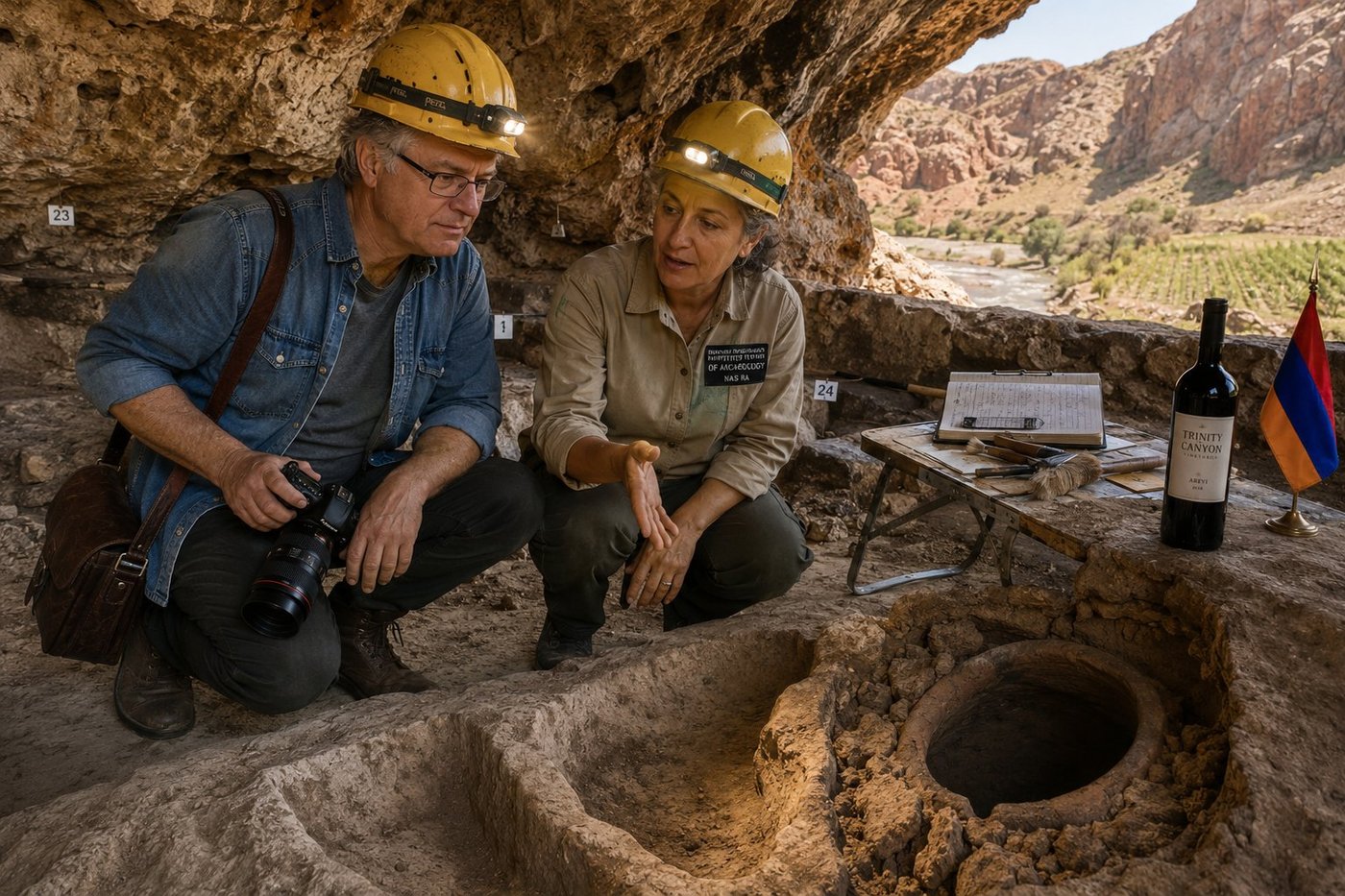 Radim Kaufmann crouching inside the Areni-1 Cave in the Vayots Dzor canyon of southern Armenia, wearing a faded denim shirt rolled to the elbows over a grey t-shirt, dark canvas trousers, sturdy brown leather field boots, and a yellow Petzl hardhat with headlamp lit, his brown leather camera bag across his shoulder and a Canon DSLR with red-ring lens in his hand, beside Dr. Anahit Sargsyan, a 50-something Armenian archaeologist with salt-and-pepper hair wearing a khaki field shirt with a small embroidered NAS RA patch from the Institute of Archaeology and her own hardhat with headlamp, both examining the 6,100-year-old grape press — a shallow rectangular trodden floor cut into the cave's bedrock with a clay karas fermentation vat sunk into the floor beside it, dated by radiocarbon to approximately 4100 BC, the oldest known winery on Earth; numbered excavation grid markers 23 and 24 on the cave walls, a folding camp table with handwritten field notes on a clipboard and rows of trowels and soft brushes, a single dark bottle of modern Armenian Trinity Canyon Vineyards Areyi 2018 wine placed respectfully on a flat rock beside a small Armenian tricolour flag on a brass stand, the red-ochre cliffs of the Arpa River canyon and a green vineyard on the opposite slope visible through the cave mouth in golden midday light