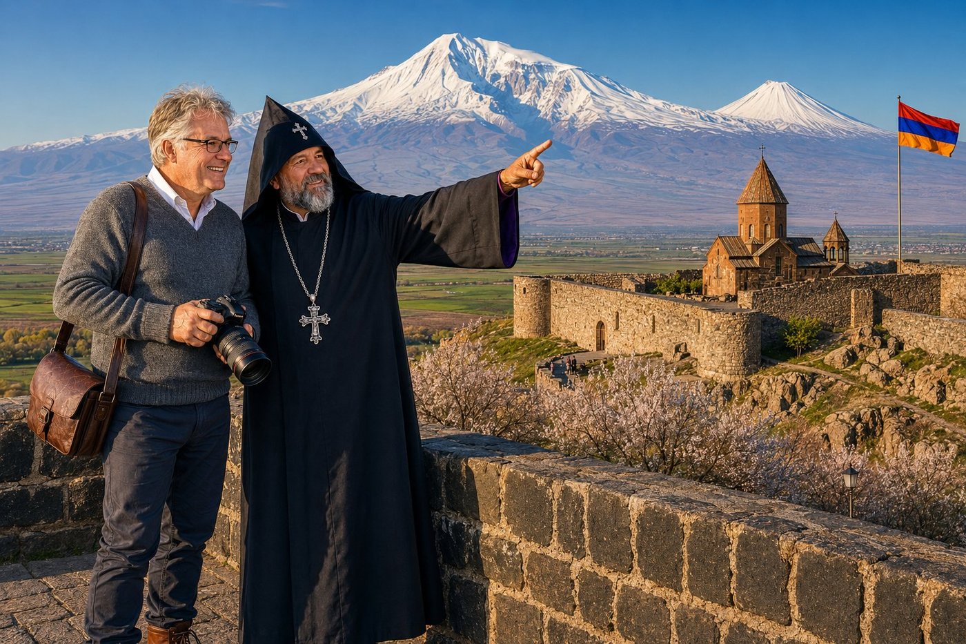 Radim Kaufmann on the terrace of Khor Virap Monastery in southern Armenia in early morning light, wearing a soft grey wool sweater over a white collared shirt and dark trousers, his leather camera bag over his shoulder, holding a DSLR camera, beside Father Tigran, a 50-something Armenian Apostolic priest in full black cassock with the pointed vardapet's hood embroidered with a small cross, salt-and-pepper beard, ornate Armenian silverwork pectoral cross on a heavy chain, smiling and pointing toward the snow-capped twin peaks of Mount Ararat — Masis and the smaller Sis — rising in perfect clarity above the monastery walls in the background, the dark basalt 17th-century walls of the Khor Virap fortress-monastery and its conical-domed church in the foreground, the wide green Ararat Plain stretching between them and the mountain, a grove of flowering apricot trees just below the monastery walls, an Armenian red-blue-orange tricolour flag snapping in the morning breeze on a slim pole