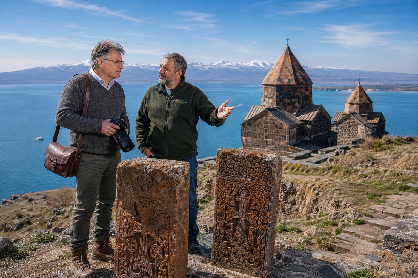 Radim Kaufmann on the clifftop terrace of Sevanavank Monastery on the Sevan Peninsula in Armenia at 1900 metres above sea level, wearing his charcoal-grey wool sweater over a white collared shirt and dark olive trousers, his brown leather camera bag across his chest, holding a DSLR camera with telephoto lens, beside Vahan, a 50-something Armenian local guide with a salt-and-pepper beard in a forest-green fleece jacket and faded jeans gesturing toward the two surviving 9th-century churches of Surb Astvatsatsin and Surb Arakelots in dark tufa stone with their iconic pyramidal cupolas, two intricately carved khachkar cross-stones in reddish-brown tufa rising from the rocky ground in the foreground ornamented with interlaced crosses and pomegranate motifs, the cobalt-blue expanse of Lake Sevan stretching to the snow-streaked Geghama mountain range on the far shore, a single small white fishing boat far below on the lake, thin crystalline high-altitude light, a sky of wispy cirrus