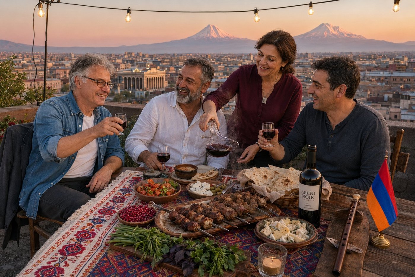 Radim Kaufmann at a rooftop khorovats dinner in central Yerevan at golden hour, wearing a faded denim shirt over a white t-shirt with his charcoal-grey blazer draped on the chair behind him, raising a glass of Areni Noir red wine in a toast, beside three Armenian friends — Hovhannes the 60-something host in an open-collar white linen shirt laughing, his wife Lilit in a deep-claret blouse with a silver khachkar pendant pouring wine from a hand-blown decanter, and Karen a 40-something friend in a slate-grey henley returning the toast — the long wooden plank table laden with steaming charcoal-grilled pork tenderloin and lamb skewers, a basket of fresh-baked lavash, a wooden board of fresh tarragon basil dill parsley and spring onions, a bowl of bright ruby pomegranate arils, a dish of achichuk grilled-tomato-and-pepper salad, brined cheese and olives, a half-full bottle of Areni Noir wine, a small candle in a glass holder, a hand-embroidered Caucasian kilim runner with tassels, an Armenian tricolour flag and a wooden duduk on the table, a string of bare-bulb fairy lights overhead, the pink-tuff buildings of central Yerevan with the columns of the National Theatre visible behind, the perfect twin snow-capped silhouette of Mount Ararat — Masis and Sis — lit pink by the sunset on the far horizon