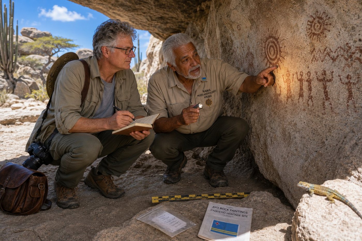 Radim Kaufmann crouched inside the cool shaded chamber of a natural rock shelter at the Ayo Rock Formation in the central interior of Aruba beneath a massive overhang of pale granitic-tonalite boulder in a faded khaki safari shirt and olive trousers with a wide-brimmed straw sun hat hanging on his back his DSLR camera and brown leather camera bag beside him taking notes in a leather-bound field notebook with a fountain pen, beside Dr. Augusto Croes a distinguished 60-something Aruban anthropologist of Caquetío-Spanish heritage with silver-grey hair and a neat grey beard in a tan field shirt with the NAMA Museo Arqueológico Nacional Aruba patch on his chest and a small Aruban flag pin on his collar holding a slim LED flashlight casting an oblique warm beam across a panel of ancient Caquetío Amerindian pictographs on the curved rock wall — two sun-disk symbols with concentric circles and radial rays, a row of stick-figure human forms with raised arms, and zigzag abstract patterns drawn in deep red-ochre and dark-brown iron-oxide pigment approximately AD 1000-1500, Dr. Croes pointing explanatorily toward the larger sun-disk, a 30cm yellow-and-black photo-scale archaeological ruler and a folded laminated AYO ROCK PAINTINGS · CAQUETÍO HERITAGE SITE card with the Aruban flag laid on a flat stone, a yellow-and-blue-green endemic Aruban whiptail lizard Cnemidophorus arubensis basking on a sun-warmed rock at the chamber opening, organ-pipe cactus and westward-leaning divi-divi trees visible in the bright desert exterior, deep cobalt sky