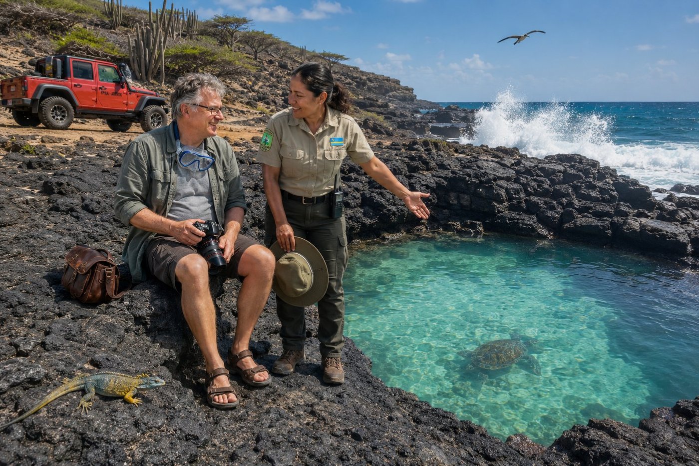 Radim Kaufmann sitting on the dark volcanic basalt rim of Conchi Natural Pool inside Arikok National Park on the wild north coast of Aruba in a faded olive quick-dry hiking shirt, grey t-shirt and dark khaki swim shorts, brown sport sandals, his brown leather camera bag beside him on a slab of basalt, a blue snorkel mask hanging on his chest, holding a DSLR, beside Glenda a 40-something Aruban park ranger of Caquetío-Spanish-Dutch heritage with a low ponytail wearing the official Parke Nacional Arikok uniform with the Arikok cactus-and-divi-divi logo patch on the right sleeve and the Aruban flag patch on the left chest and a two-way radio clipped to her belt holding her wide-brimmed ranger hat in her hand pointing into the crystal-clear turquoise water of the near-perfect circular wave-carved pool where a single green sea turtle drifts along the sandy bottom, the open Atlantic crashing in three-metre white spray against the outer ring of dark ribbed volcanic basalt while the interior of the pool stays mirror-still, a red mud-spattered Jeep Wrangler with FPNA Arikok markings parked on the dirt track behind, organ-pipe cactus and westward-leaning divi-divi trees on the upper terraces, a yellow-and-blue-green Aruban whiptail lizard endemic Cnemidophorus arubensis basking on a foreground rock, a magnificent frigatebird with deeply forked tail soaring overhead, deep cobalt trade-wind sky