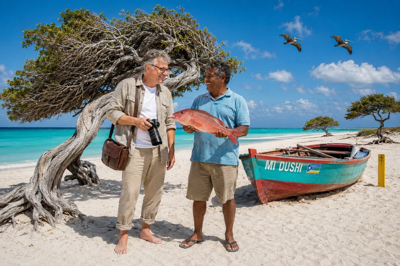 Radim Kaufmann standing barefoot in the fine white powdery coral sand on Eagle Beach in Aruba beside the famous wind-bent fofoti tree Conocarpus erectus whose bare grey trunk and ribbed branches have been sculpted by a lifetime of constant easterly trade winds into the iconic asymmetric westward-leaning silhouette, wearing a faded light-khaki safari shirt rolled to the elbows over a white t-shirt and tan linen trousers cuffed at the calf, his brown leather camera bag slung across his shoulder holding a DSLR, smiling warmly beside Eddy a 50-something Aruban fisherman of Caquetío-Spanish-Dutch heritage with warm brown skin and salt-and-pepper short curly hair in a faded sky-blue cotton polo and worn khaki shorts and flip-flops holding up a freshly caught Caribbean red snapper with both hands, a small traditional Aruban wooden fishing boat painted faded turquoise and red with the name MI DUSHI hand-painted in white letters on the bow alongside the Aruban flag pulled up on the sand behind them, the glass-still turquoise and aquamarine Caribbean Sea stretching to the horizon, two more squat fofoti and divi-divi trees down the beach, two brown pelicans gliding in formation overhead, deep cobalt sky with high cumulus clouds