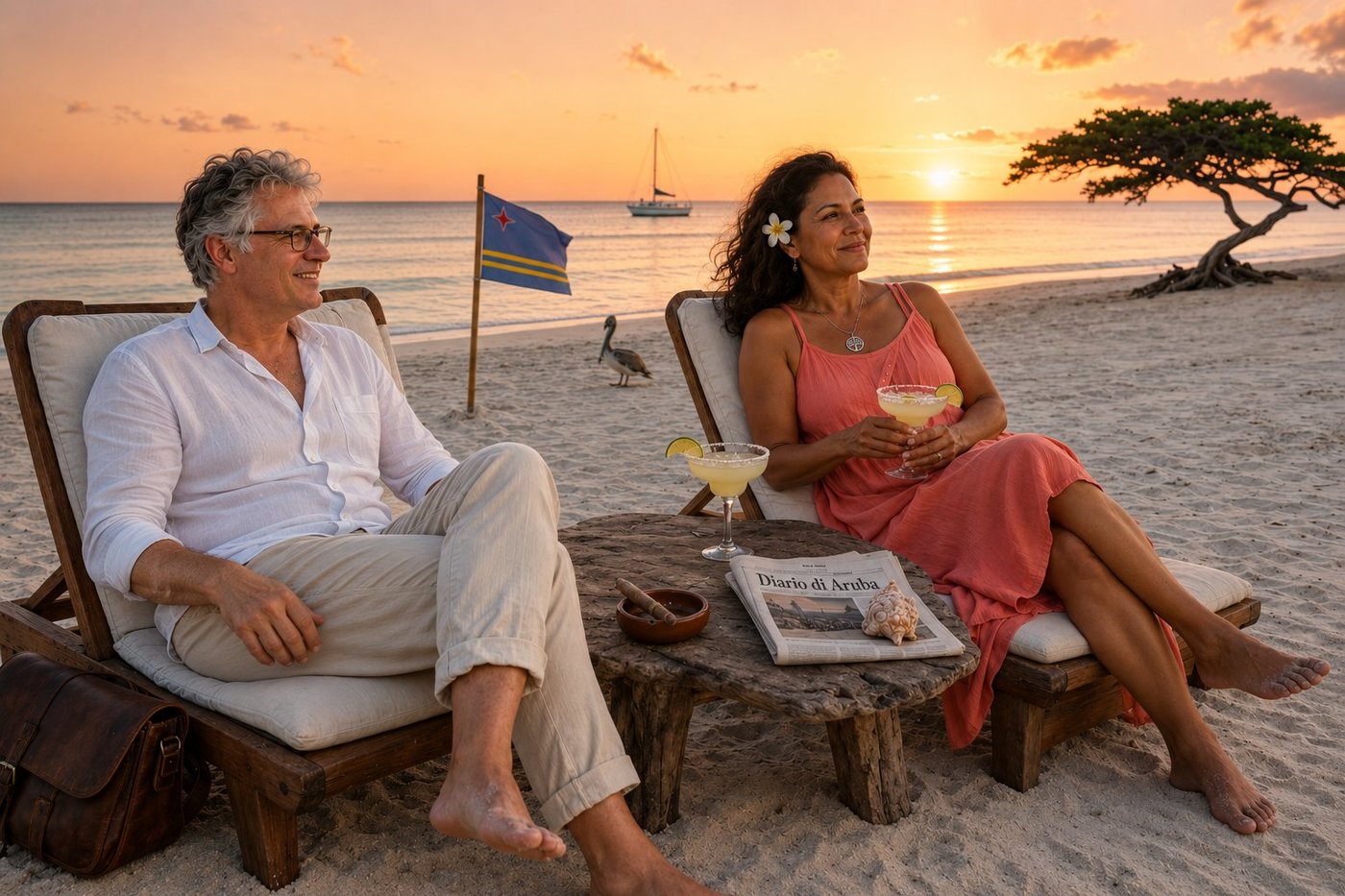 Radim Kaufmann sitting in a low natural-wood beach lounger with a cream cushion on the soft white powdery coral sand of Eagle Beach in Aruba at golden hour just before sunset in a crisp white linen shirt unbuttoned with sleeves rolled and cuffed cream linen trousers barefoot, his brown leather camera bag resting on the sand beside the chair, beside Sofia a 50-something Aruban friend of Caquetío-Spanish-Dutch heritage with warm brown skin and glossy dark wavy hair loose to her shoulders with a single white frangipani flower tucked behind one ear in a flowing pale-coral linen sundress with thin shoulder straps holding her own salt-rimmed classic margarita coupe with a lime wedge balanced on the rim, on a small low weathered-driftwood side table between their loungers two classic margarita coupes and a small clay ashtray with a lit Cohiba Robusto cigar and a folded copy of the local Papiamento newspaper Diario di Aruba anchored by a weathered conch shell, the Caribbean Sea behind them turning a soft peach-pink-coral as the sun is low on the horizon, a single small wooden sailboat anchored several hundred metres offshore, the famous Eagle Beach fofoti tree Conocarpus erectus silhouetted on the right edge of frame its westward-leaning trunk picked out as a dark cut-out against the sunset sky, a single brown pelican standing on the sand near the surf line, a small Aruban flag on a slim wooden pole pushed into the sand a few metres behind the loungers, white-foamed wavelets meeting the powdery shore, peach-to-lavender Aruban sunset sky
