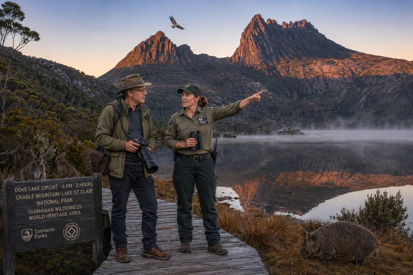 Radim Kaufmann standing on the weathered timber boardwalk that circles Dove Lake at the foot of Cradle Mountain in Cradle Mountain-Lake St Clair National Park in central Tasmania at sunrise wearing a faded olive-green technical waterproof rain jacket over a charcoal-grey thermal t-shirt with dark waterproof hiking trousers and sturdy brown leather hiking boots dusted with reddish Tasmanian button-grass mud and a wide-brimmed canvas Akubra-style bush hat with a small daypack on his shoulders his brown leather camera bag clipped to the hip-belt of the pack holding his DSLR camera with a long telephoto lens, beside Sarah Whitlock a 40-something Tasmanian wilderness guide of fair weathered complexion with auburn-brown hair pulled back in a low ponytail under a forest-green Parks & Wildlife Service Tasmania field cap in the official khaki-and-forest-green Tasmania Parks & Wildlife Service ranger uniform with a small embroidered chest patch and a small Tasmanian state flag patch on her sleeve holding rubber-armoured binoculars and gesturing toward a particular feature on the mountain mid-sentence, the iconic twin-peaked silhouette of Cradle Mountain rising 1545 metres abruptly from the far shore of Dove Lake with its distinctive jagged dolerite buttresses catching the first warm pink-orange light of dawn, the perfectly mirror-still surface of Dove Lake reflecting the mountain in symmetrical inversion below, the cool-temperate Gondwanan rainforest of dark-green King Billy pines and Tasmanian myrtle-beech Nothofagus cunninghamii ringing the lake, rust-orange tussocks of Tasmanian button-grass Gymnoschoenus sphaerocephalus in the foreground bog beside the boardwalk, a common Tasmanian wombat Vombatus ursinus hirsutus grazing peacefully on the foreshore at lower right, a pair of Bennett's wallabies feeding at the boardwalk edge at lower left, a white-bellied sea-eagle wheeling above the peaks, a weathered wooden information sign at the boardwalk junction reading DOVE LAKE CIRCUIT · 6 KM · 2 HOURS · CRADLE MOUNTAIN-LAKE ST CLAIR NATIONAL PARK · TASMANIAN WILDERNESS WORLD HERITAGE AREA with the Tas Parks logo and the UNESCO World Heritage emblem, soft white morning mist rising from the lake surface in thin ribbons, the sky a deep cobalt above transitioning to pale lavender and then pink-peach-orange at the eastern horizon where the first sun is catching the mountain's east face