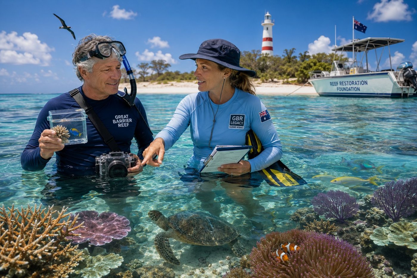 Radim Kaufmann standing waist-deep in the crystal-clear turquoise shallows of a sheltered lagoon at Lady Elliot Island on the southern Great Barrier Reef off the Queensland coast of Australia in a navy GREAT BARRIER REEF UV rash guard with a snorkel mask pushed up onto his forehead and the snorkel hanging beside his face holding in one hand a small clear acrylic underwater specimen viewing-box containing a fragment of brain coral and a small blue-and-yellow damselfish and in the other hand his DSLR camera in a transparent underwater housing on a wrist strap, beside Dr. Hannah Fraser an Australian marine biologist in her forties with fair sun-freckled skin and sandy-blonde hair tied back in a wet ponytail under a wide-brimmed lightweight UV sun-hat wearing a sky-blue Reef Restoration Foundation rash guard with a small embroidered chest patch GBR LEGACY · MARINE SCIENCE and a small Australian flag patch on her sleeve holding a waterproof clipboard with field notes and a yellow-and-black diving fin under her arm gesturing into the water explaining mid-survey, below the water surface clearly visible through the lagoon a vibrant healthy section of Great Barrier Reef coral including orange-and-cream Acropora staghorn coral, lavender plate corals, swaying purple sea fans, a patrolling green sea turtle Chelonia mydas gliding along the white sandy bottom, a school of yellow-tailed fusiliers Caesio cuning, a parrotfish in iridescent blue-and-green, and a clownfish couple Amphiprion percula sheltering in a magenta-tipped sea anemone, the white-coral-sand beach of Lady Elliot Island with low pisonia trees and the 1873 Lady Elliot Island lighthouse a white tower with two red horizontal bands behind, an anchored small dive research boat with REEF RESTORATION FOUNDATION lettering on the bow flying the Australian flag, a wedge-tailed shearwater seabird overhead, bright Queensland sun and deep cobalt sky