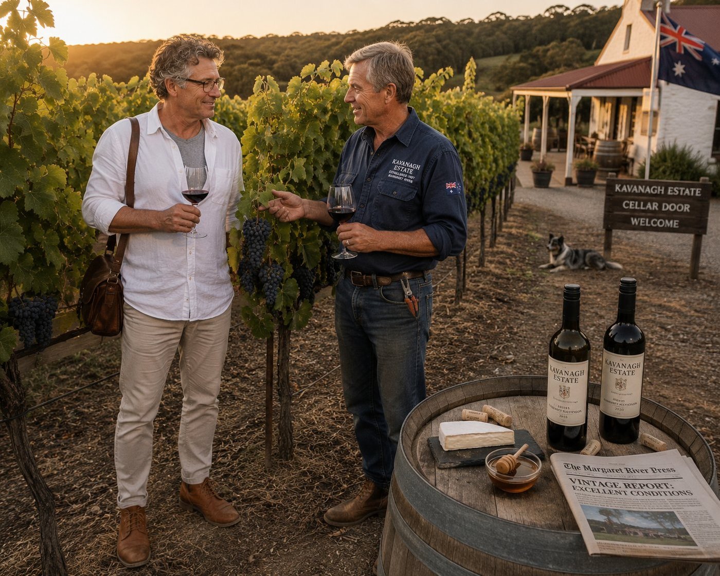 Radim Kaufmann standing in a long row of mature trellised Cabernet Sauvignon grapevines at golden hour on a small family-owned vineyard in the Margaret River wine region of Western Australia in a crisp white linen shirt unbuttoned at the collar with sleeves rolled and cream chino trousers and tan leather chukka boots his brown leather camera bag slung across his shoulder holding a long-stemmed Burgundy wineglass of deep ruby Cabernet Sauvignon, beside Tom Kavanagh a 60-something Australian winemaker of Anglo-Irish heritage with neatly trimmed grey hair and kind blue eyes in a faded navy-blue moleskin field shirt with sleeves rolled over weathered forearms with an embroidered KAVANAGH ESTATE · EST 1987 · MARGARET RIVER chest patch and a small Australian flag patch on the sleeve, dusty leather RM Williams work boots and faded jeans with pruning secateurs in his belt loop holding his own glass of Cabernet mid-sentence gesturing toward a single perfect cluster of dark-purple ripe Cabernet grapes hanging from the vine between them ready for harvest, the long perspective of the trellised vineyard rows stretching to the gentle Karri-Eucalypt forested ridgeline in the distance, a small whitewashed 1987-vintage stone winery building with a rust-red corrugated tin roof and a wide front veranda, a grey-and-white Australian Kelpie sheepdog dozing on the gravel by the cellar-door entrance, a hand-painted KAVANAGH ESTATE · CELLAR DOOR · WELCOME wooden sign beside a small Australian flag on a wooden pole, a weathered timber wine-barrel-end table beside the row with two open bottles labelled KAVANAGH ESTATE CABERNET 2018 and KAVANAGH ESTATE CABERNET 2020, a slate cheese-board with a wedge of Margaret River brie, a small bowl of Karri-tree honey with a wooden honey-dipper, two corks on the barrel head, and a folded copy of THE MARGARET RIVER PRESS country-edition newspaper with the headline VINTAGE REPORT: EXCELLENT CONDITIONS, soft golden-hour Western Australian light, deep cobalt sky transitioning to peach at the horizon