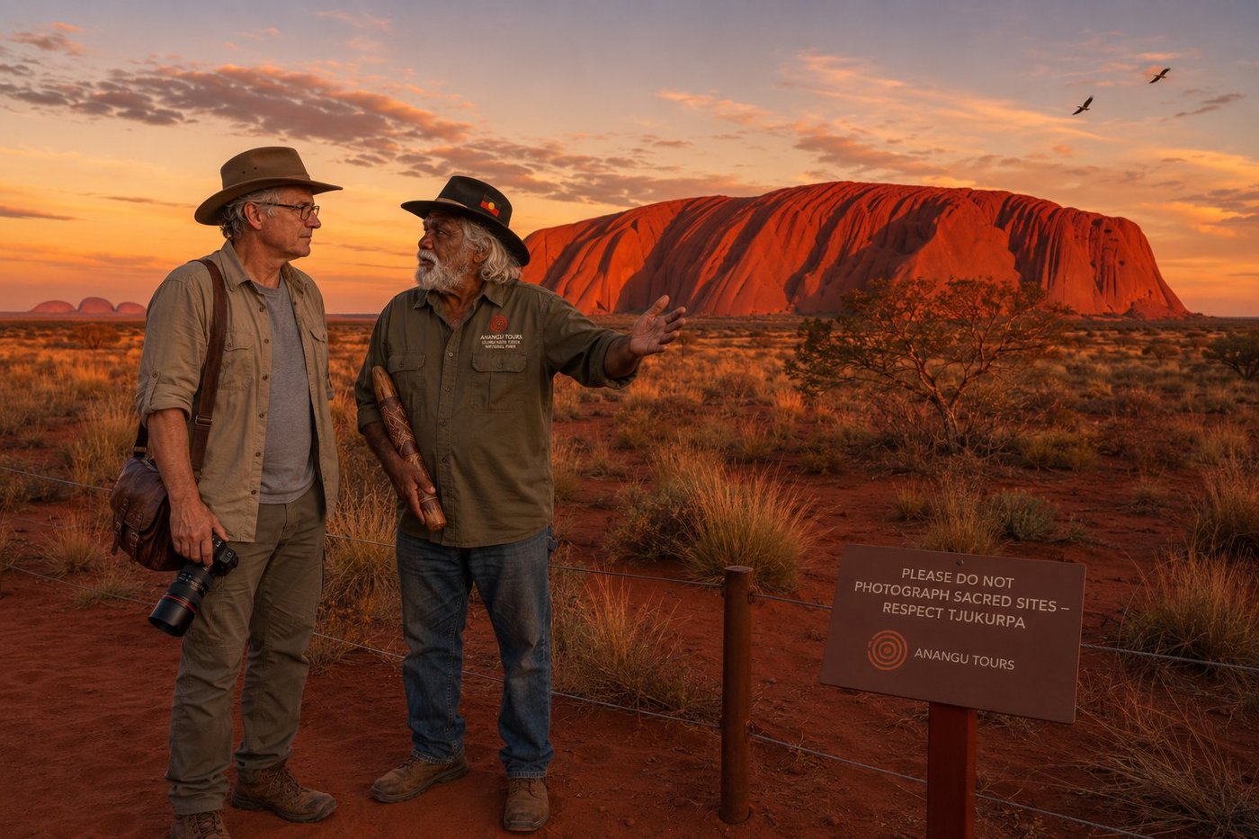 Radim Kaufmann at the Mutitjulu viewing area facing Uluru the great 348-metre red arkose sandstone monolith in the central Australian outback at sunset wearing a faded khaki safari shirt and Akubra-style bush hat with his DSLR camera lowered respectfully and his brown leather camera bag slung across his shoulder, beside William Tjapaltjarri a 60-something Anangu Pitjantjatjara cultural guide with dark brown skin snow-white hair and a full white beard wearing an olive Anangu Tours field shirt with a small embroidered patch reading ANANGU TOURS · ULURU-KATA TJUTA NATIONAL PARK on the chest and a small Australian Aboriginal flag pin on the band of his black bush hat holding a carved Pitjantjatjara wooden hunting club nullah-nullah under his arm gesturing contemplatively toward Uluru mid-explanation, Uluru itself rising abruptly from the flat desert plain its weathered vertical-ribbed surface turning the famous fiery crimson-orange-red as the low sun catches the arkose sandstone, the smaller domed peaks of Kata Tjuta visible 25km away on the western horizon, rust-red desert sand with clumps of Spinifex grass and a low mulga acacia in the foreground, a small respectful information sign reading PLEASE DO NOT PHOTOGRAPH SACRED SITES — RESPECT TJUKURPA with the Anangu Cultural Tours sun-disk logo, two black-faced wood swallows gliding overhead, deep cobalt to peach Australian outback sunset sky