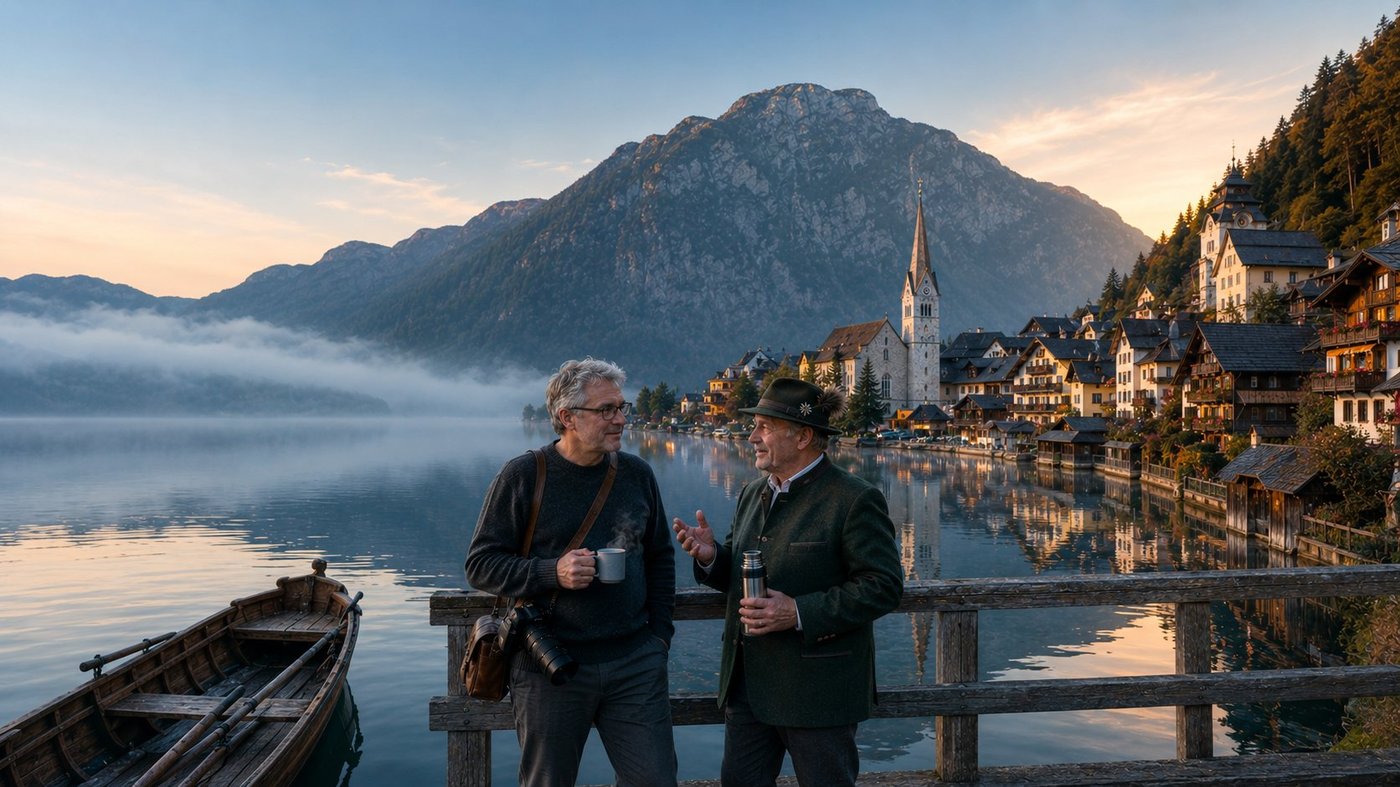 Radim Kaufmann at the wooden lakeside waterfront railing of the village of Hallstatt in the Salzkammergut region of Austria on a still October morning just after dawn, a European traveller in his fifties with neatly trimmed grey-flecked dark hair and small wireframe glasses in a charcoal-grey wool crew-neck sweater with dark grey trousers and brown leather walking boots, his brown leather camera bag worn cross-body with a professional DSLR and 70-200mm telephoto lens at his hip, holding a small enamel mug of black coffee with a thin curl of steam rising, beside Lukas Pömer a Hallstatt local in his late fifties of multi-generational Austrian alpine stock with a weathered ruddy face from a lifetime outdoors and deep-set blue eyes in a traditional forest-green loden wool jacket with horn buttons and grey lapel piping over a white collared shirt with dark grey wool trousers and dark leather boots and a traditional dark-green Austrian alpine felt hat tilted slightly back with a small edelweiss pin on the brim and a tuft of chamois-beard brush on the side, holding a steel thermos and gesturing gently toward the lake mid-sentence, the iconic layered village of Hallstatt stretching across the right half of the frame with narrow wooden chalets and shingle roofs and flower-box balconies stacked vertically up the steep mountainside, the white-spired Catholic parish church Maria am Berg rising at right-of-centre, the dark steep face of the Dachstein massif looming behind, the open Hallstättersee stretching across the left half of the frame in low silver mist with the dark cliffs of the far shore softly veiled in haze, a traditional wooden Plätte fishing boat with weathered oars moored to the dock in the lower-left foreground, pre-dawn blue hour transitioning into first golden hour with warm rim-light from the eastern sky on the church spire and the men's faces, pale peach low horizon and dusky blue overhead