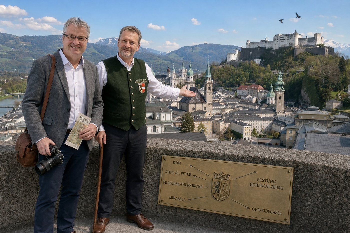 Radim Kaufmann on the stone parapet of the Mönchsberg viewpoint above the historic Old Town of Salzburg Austria at late-morning in a charcoal-grey wool blazer over a crisp white shirt unbuttoned with dark navy chinos and polished brown leather Oxfords his brown leather camera bag slung across his shoulder holding his DSLR camera and a folded MOZART STADT pocket map, beside Maximilian Berger a 50-something Salzburger licensed cultural guide of pale fair complexion with neatly trimmed brown-and-grey hair and friendly hazel eyes in a tasteful loden-green Trachten waistcoat with silver-and-green buttons over a crisp white linen shirt and dark trousers with a small embroidered chest patch SALZBURG-STADT FÜHRER · LIZENZIERT bearing the Salzburg coat of arms holding a slim wooden walking-stick in one hand and gesturing with the other open hand toward the cluster of baroque domes and spires in the city below, the panoramic view of Salzburg's UNESCO old town with densely-packed terracotta-tiled rooftops, the green copper domes of the Salzburg Cathedral 1614 and the slim spires of the Franziskanerkirche and Stiftskirche St. Peter and the Domplatz with its central Marian column, the Salzach river curving through the centre in pale jade-green, the massive Festung Hohensalzburg the largest fully preserved medieval castle in central Europe commenced 1077 rising on its rocky bluff at the opposite end of the old town, the Mirabell Gardens visible across the river, the snow-capped Untersberg massif on the distant western horizon, a brass viewpoint orientation plaque on the parapet engraved DOM · STIFT ST. PETER · FRANZISKANERKIRCHE · MIRABELL · FESTUNG HOHENSALZBURG · GETREIDEGASSE with the Salzburg coat of arms at centre, a pair of jackdaws Corvus monedula wheeling above the cathedral domes, bright Austrian late-morning sun and deep cobalt sky with high cumulus