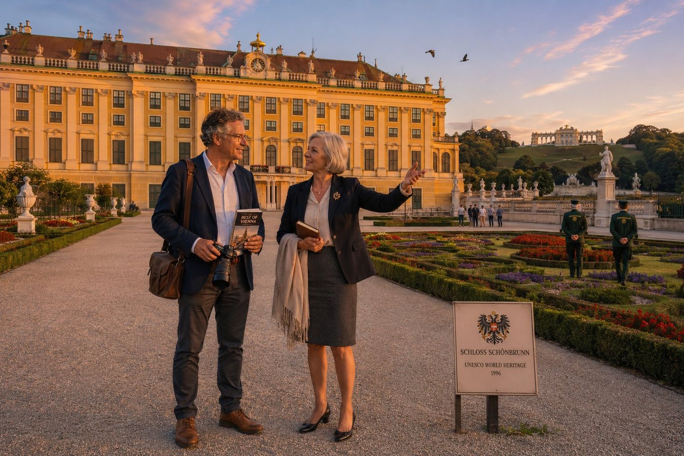 Radim Kaufmann on the formal gravel path at the centre of the Grand Parterre of Schloss Schönbrunn the Habsburg summer palace in Vienna Austria at golden hour wearing a navy wool blazer over a crisp white Oxford shirt unbuttoned at the collar with cuffed charcoal trousers and tan leather brogues his brown leather camera bag slung across his shoulder holding his DSLR and a folded BEST OF VIENNA guidebook beside Dr. Friederike Hofmann a 60-something Viennese cultural historian with neatly bobbed silver-grey hair and kind grey-blue eyes in an elegant navy wool blazer over a cream silk blouse with a small Habsburg double-eagle enamel lapel pin and a tasteful charcoal pencil skirt and low-heeled black leather pumps holding a leather-bound notebook and gesturing toward the central balcony of the palace mid-sentence, the long horizontal 1441-room Baroque facade in distinctive Schönbrunn yellow Maria-Theresien-Gelb with white architectural trim and the central pedimented gable bearing the Habsburg double-eagle crest bathed in the warm gold of the last sun, the formal geometric parterre garden with low clipped boxwood hedges in intricate French-Baroque scrollwork patterns and seasonal beds of red salvia and purple petunias and marble urns and statues of classical figures on plinths surrounding them, the white classical colonnade of the Gloriette monument silhouetted on the rise behind, a small information panel SCHLOSS SCHÖNBRUNN · UNESCO WORLD HERITAGE · 1996 with the Habsburg double-eagle emblem on a marble plinth, two formally dressed park staff in green Schönbrunn uniforms walking the perimeter path, a pair of jackdaws wheeling above the central gable, deep cobalt sky transitioning to peach-rose at horizon with a few high mare's-tail cirrus clouds catching the warm light