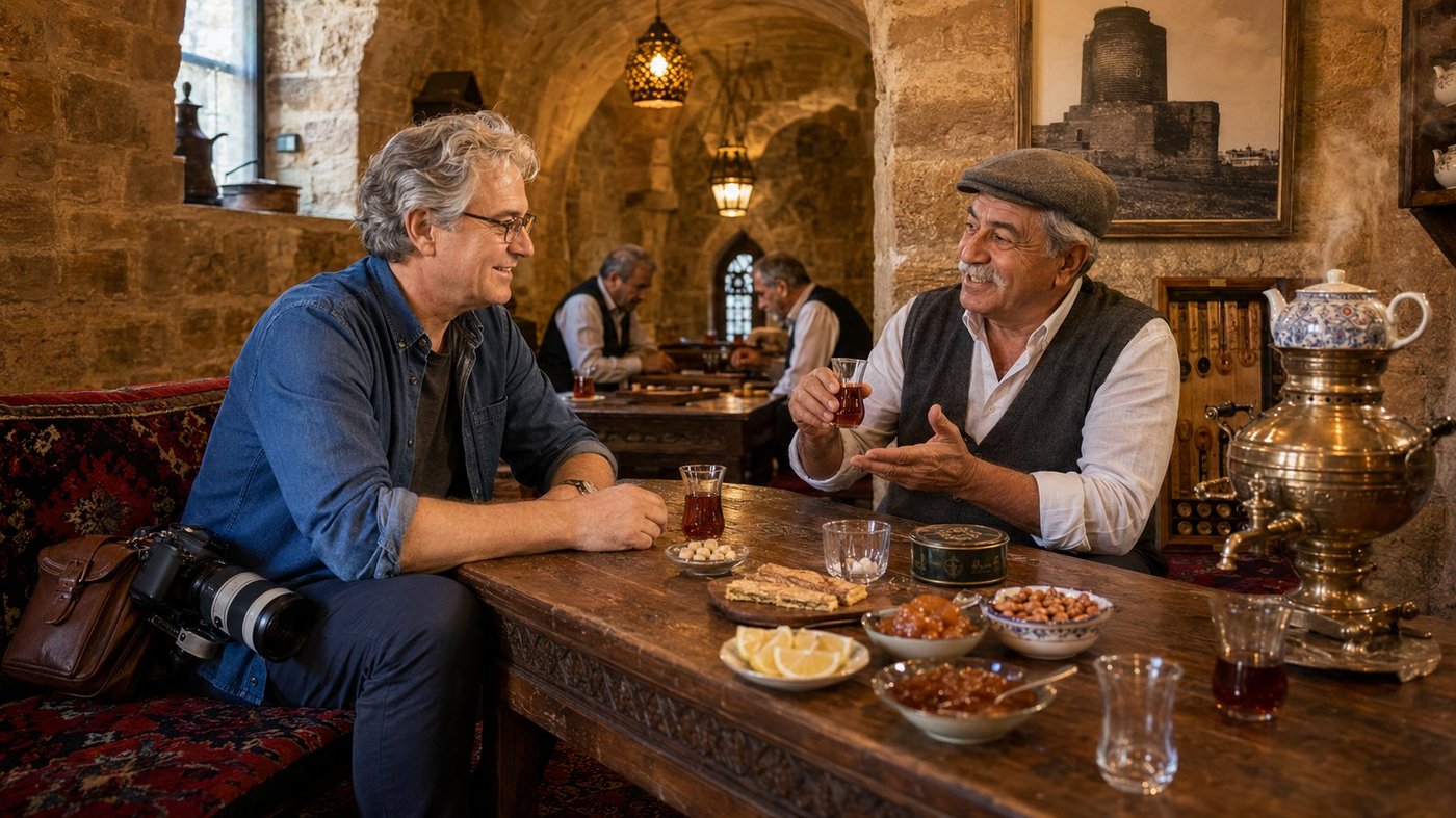 Radim Kaufmann in a faded indigo denim shirt sitting at a low carved wooden table in the warmly lit stone-vaulted interior of a traditional Azerbaijani cay evi tea house in the Icherisheher Old City of Baku, opposite Rauf Quliyev a retired Azerbaijani newspaper reporter in his early sixties in a grey wool flat cap and charcoal waistcoat over a white shirt with a neatly trimmed full white moustache, holding his armudu pear-shaped tea glass correctly by its narrow waist between thumb and forefinger, a large ornate brass samovar steaming on the right with a blue-and-white porcelain teapot resting on its warming crown, the long carved table covered with armudu glasses of amber-black tea and porcelain bowls of homemade quince preserve and walnut preserve and a small dish of lemon wedges and roasted hazelnuts and sugar cubes and a board of thin-cut sweet pastries, a dark Lenkeran tea tin with Azerbaijani script, two pendant brass lanterns of pierced metal casting warm patterned light from a low groin-vaulted ceiling of sand-honey limestone, an old framed black-and-white photograph of the Maiden Tower on the wall behind Rauf, two older men in waistcoats playing nard backgammon at a separate small table in the soft golden bokeh through a vaulted archway behind, a deep crimson Karabakh kilim cushion and runner, a small high arched window letting in cool indirect daylight from the left, warm afternoon interior light