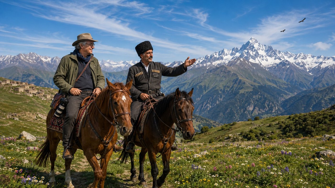 Radim Kaufmann on horseback in a high alpine meadow of Sahdag National Park in the Greater Caucasus mountains of northern Azerbaijan in early July at approximately 2,400 metres, mounted on a chestnut Karabakh horse the Azerbaijani national breed with its characteristic golden metallic sheen on the coat and a small white star on the forehead and a traditional crimson-and-indigo Karabakh kilim saddle-blanket underneath a tooled dark-brown leather working saddle with silver concho fittings, wearing an olive-green technical waterproof riding jacket unzipped over a charcoal merino sweater and a light-tan canvas Akubra-style bush hat and a small dark navy bandana loosely at his neck and his brown leather camera bag worn cross-body with a 70-200mm telephoto lens secured at his side, riding alongside Murad Alxasov an Azerbaijani Caucasian highlander in his early fifties of weathered olive-tan complexion deeply tanned and lined from decades of mountain sun with a neatly trimmed full dark moustache going grey at the edges, in a tall traditional black sheepskin papaq fur hat and a long dark grey wool cuxa coat with vertical rows of decorative gazyr cartridge-loops across the chest belted with a tooled leather belt, gesturing across the meadow toward the distant shark-tooth summit of Mount Sahdag at 4,243 metres standing brilliant white against deep cobalt sky on the right of frame, the alpine meadow stretching across the foreground in full early-July bloom carpeted with yellow buttercup and white edelweiss and pale-blue forget-me-not and magenta alpine pink and deep-purple Caucasian gentian, the stone houses of Xinaliq village just visible in the fold of a ridge to the left, layered snow-capped Caucasus ranges receding into atmospheric blue distance, two golden eagles soaring on a thermal high above the middle range