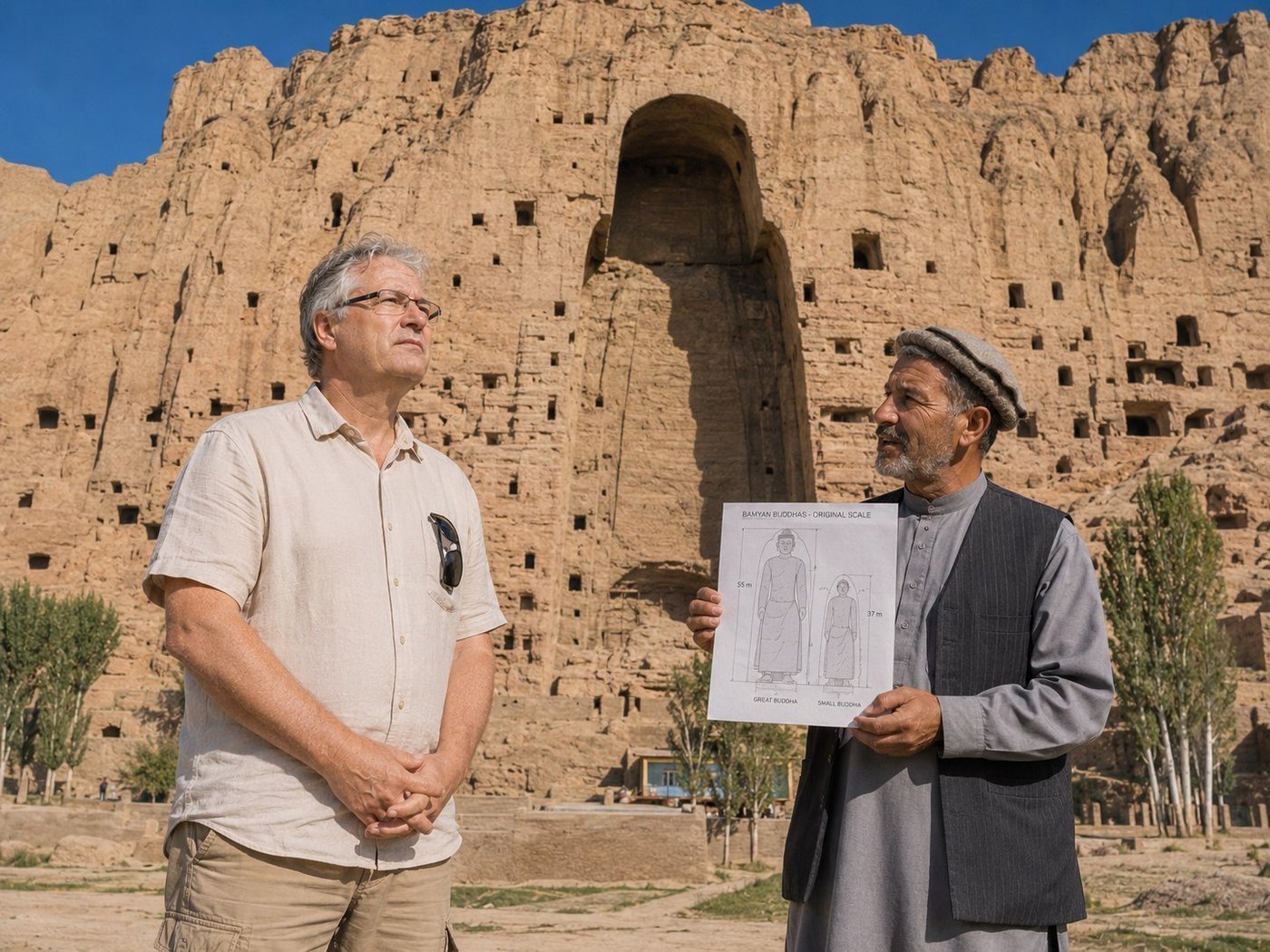 Radim Kaufmann at the empty niche of the Great Buddha of Bamyan in Afghanistan, with a Hazara cultural guide in a pakol cap holding a printed scale diagram of the original 55m and 37m Buddha statues, the immense empty trapezoidal niche carved into the honeycombed sandstone cliff face dominating behind them, both standing in respectful quiet contemplation