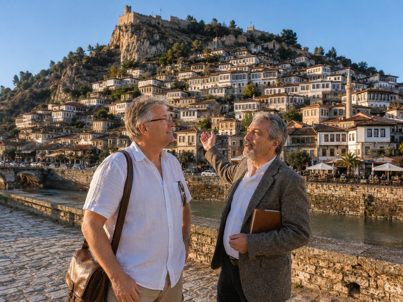 Radim Kaufmann in Berat, Albania, with a local Albanian historian in a tweed jacket gesturing toward the spectacular cascade of Ottoman-era white houses of the Mangalem quarter rising in tiers to the medieval Berat Castle on the hilltop, the Osum River and stone bridge with cafe terraces below