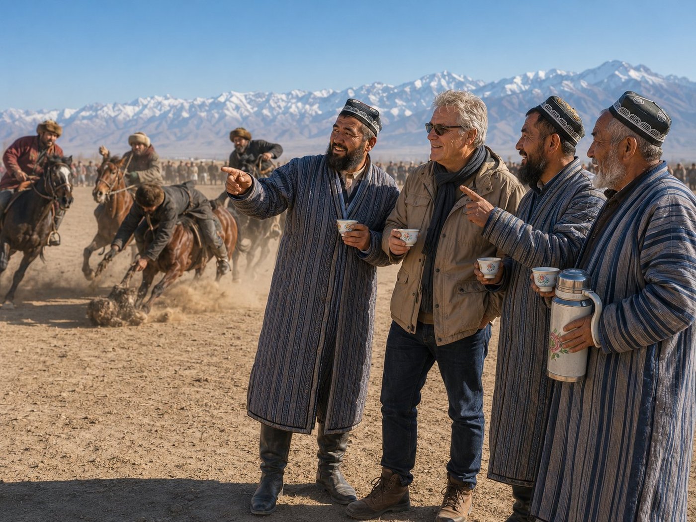 Radim Kaufmann on the sidelines of a Buzkashi match on the dusty plains north of Mazar-i-Sharif, Afghanistan, with three Uzbek-Afghan friends in striped quilted chapan robes and embroidered doppi skullcaps holding small enamelled tea cups, four chapandazan riders thundering past in clouds of dust as one rider leans low from the saddle reaching for the boz, snow-capped Hindu Kush on the horizon