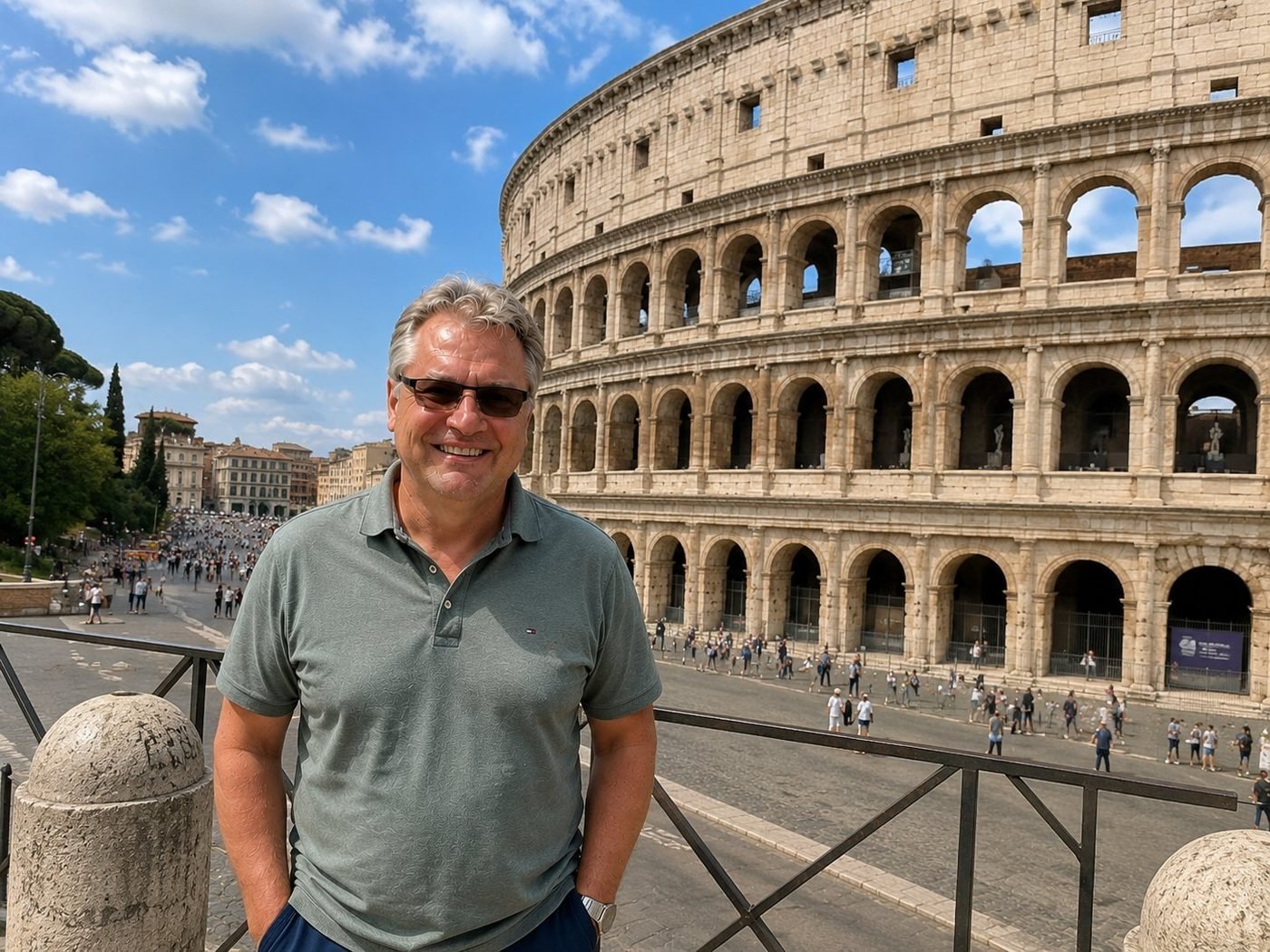 Radim Kaufmann at the Colosseum in Rome, photographed from a viewing terrace showing the tiered arches and travertine façade of the Flavian Amphitheatre