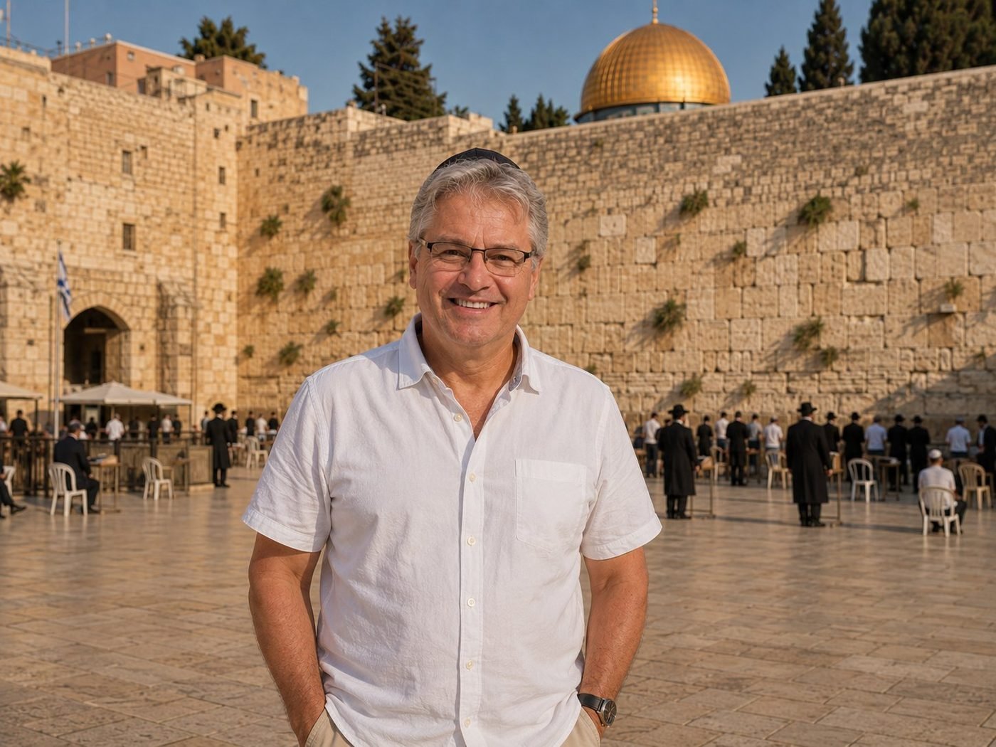 Radim Kaufmann on the Western Wall plaza in the Old City of Jerusalem, wearing a black kippah, with the ancient honey-coloured limestone blocks of the Wall behind him, the golden Dome of the Rock visible above, and Orthodox worshippers at the Wall in the background