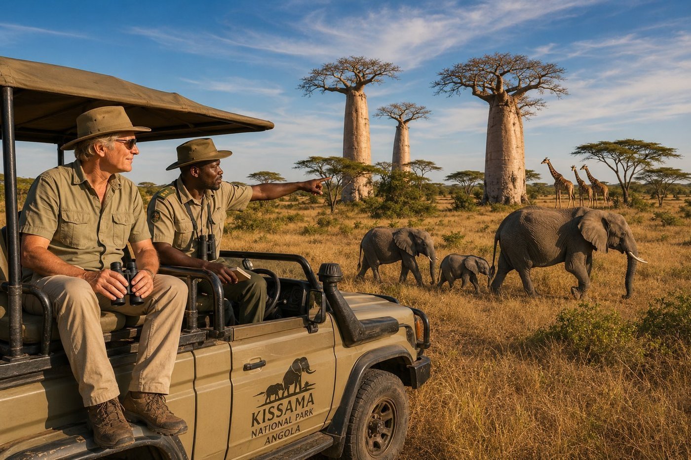 Radim Kaufmann on the elevated open viewing platform of a safari Land Cruiser in the Kissama National Park in central Angola, with an Angolan park ranger in khaki uniform pointing toward a family of African elephants - a matriarch with two juveniles and a tiny calf - walking calmly across the golden savannah, three massive baobab trees with thick pale-grey trunks in the middle distance, three giraffes browsing in acacia trees beyond