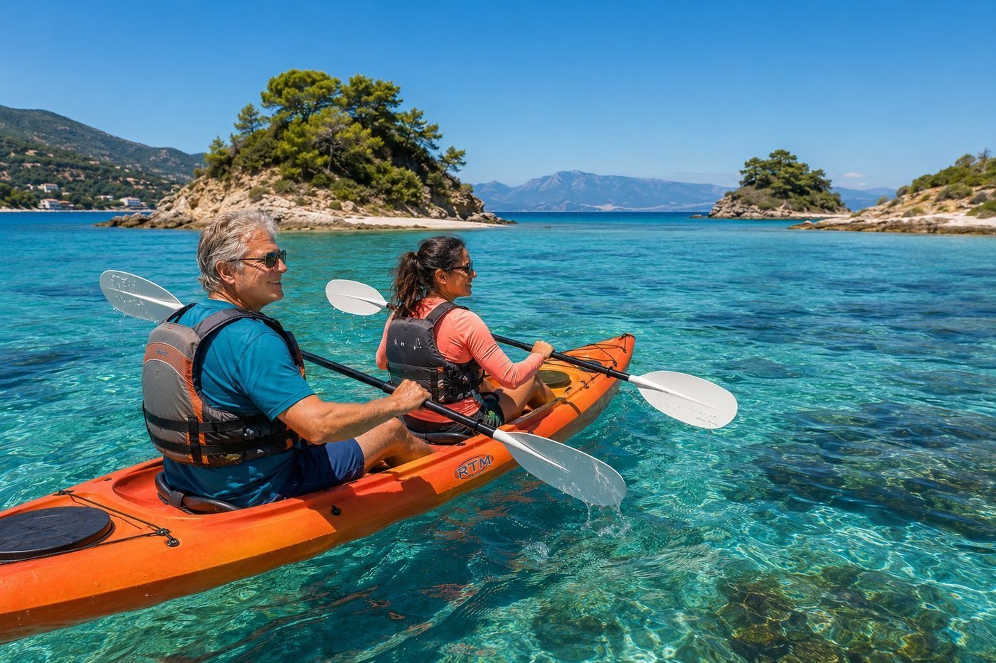 Radim Kaufmann paddling a bright orange tandem sea kayak through the crystal-clear turquoise water of the southern Albanian Riviera between the small uninhabited Ksamil Islands, with an Albanian female friend in a peach rash guard paddling in the front seat, both wearing life vests and sunglasses, Mediterranean pine-covered islands rising from the sea around them, the Greek island of Corfu visible on the horizon across the Vivari Channel