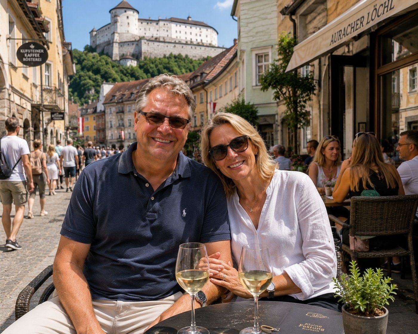 Radim Kaufmann at the Auracher Löchl restaurant in Kufstein, Tyrol, with two glasses of white wine on the table and the historic Kufstein Fortress on the wooded hill behind