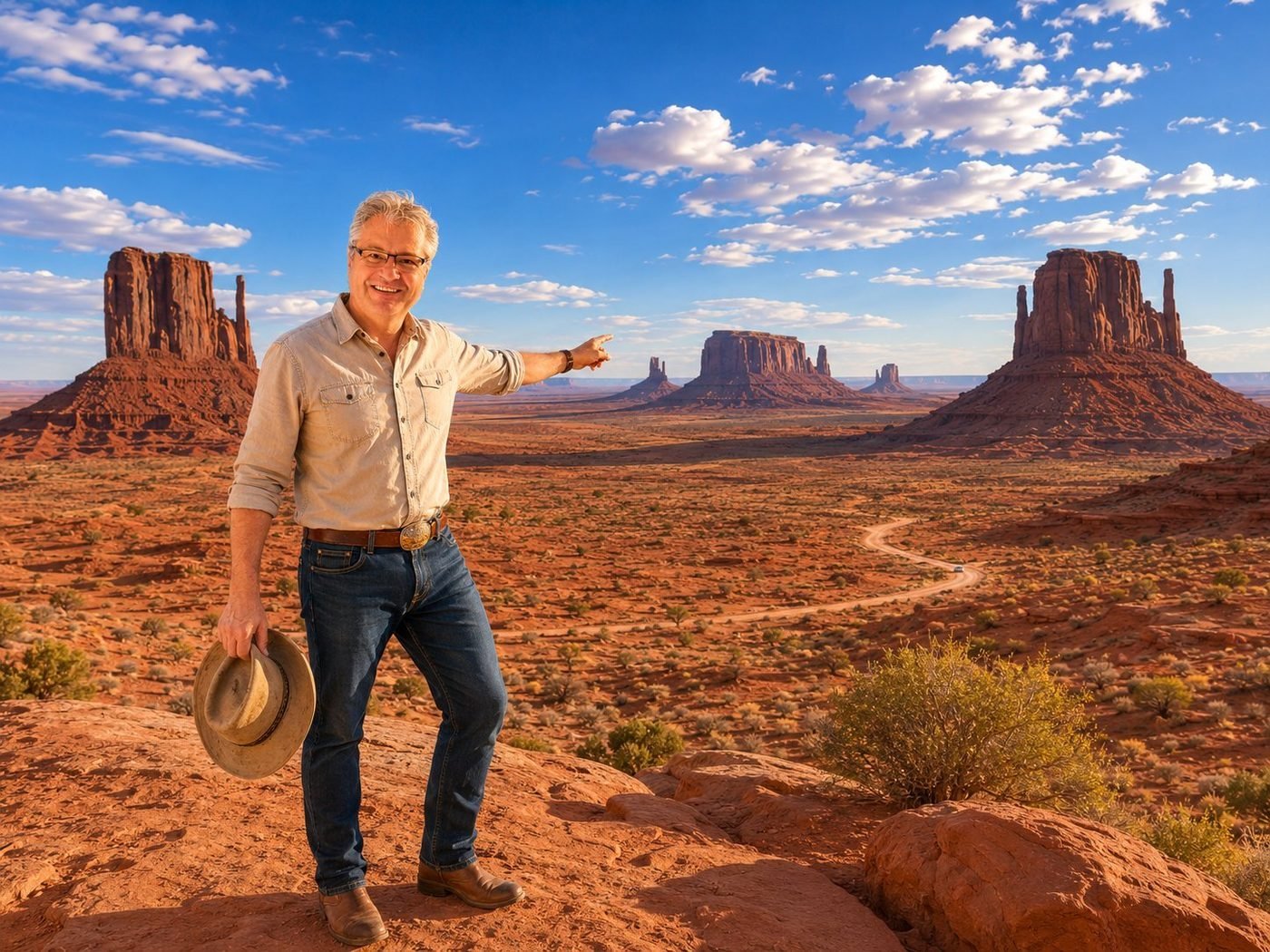 Radim Kaufmann on the red-sand mesa of Monument Valley on the Navajo Nation lands, pointing toward the iconic Mittens Buttes and Merrick Butte rising on the horizon, holding a faded tan cowboy hat in his other hand