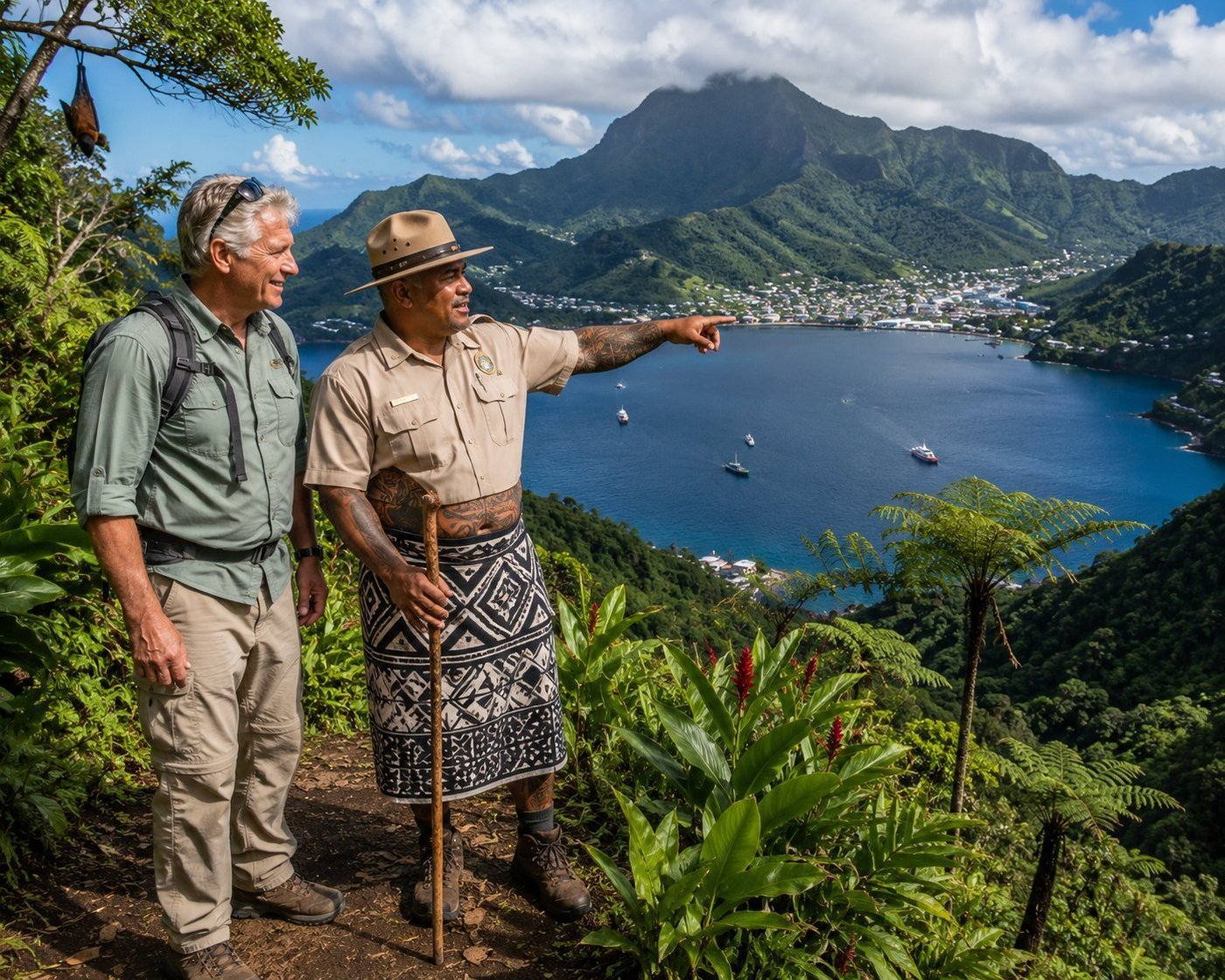 Radim Kaufmann on the Mount Alava ridge trail above the dramatic volcanic-caldera harbour of Pago Pago in American Samoa, with a Samoan park ranger in National Park Service uniform and traditional black-and-white patterned lavalava skirt-wrap, visible Samoan pe'a tattoo on his forearm, holding a wooden walking staff, Rainmaker Mountain rising 523 metres straight from the sea, the town of Fagatogo at the head of the bay, tropical rainforest with a flying fox bat in the tree