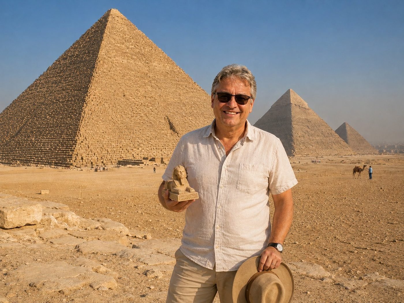 Radim Kaufmann on the sandy plateau at the Pyramids of Giza, Egypt, holding a small pharaoh souvenir statuette and a tan sun hat, with the Great Pyramid of Khufu, the Pyramid of Khafre, and the Pyramid of Menkaure rising in the desert behind him