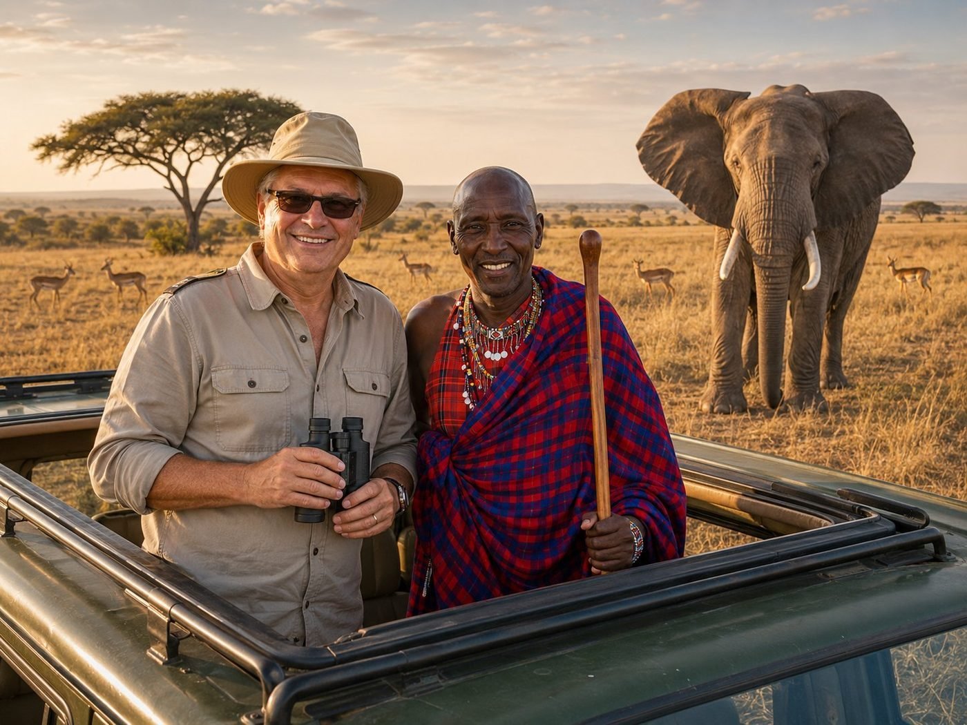 Radim Kaufmann standing through the open roof of a green Land Cruiser on the Maasai Mara plain in Kenya with a Maasai guide in traditional red and blue checked shuka cloth and beaded necklaces holding a wooden walking staff, an African elephant and impalas grazing in the golden savannah behind, with a single acacia tree silhouetted on the horizon