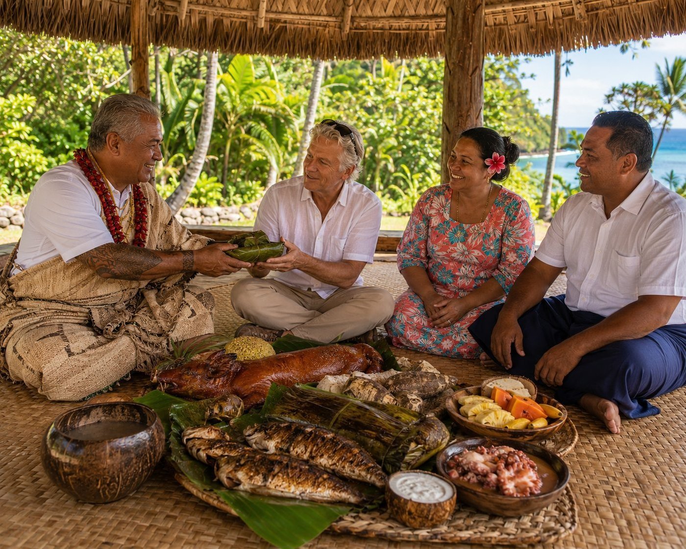 Radim Kaufmann seated cross-legged on pandanus floor mats inside a traditional open-sided thatched Samoan fale during a Sunday fia fia umu family feast on Tutuila Island, American Samoa, with a Samoan village matai chief in 'ie toga fine mat and red hibiscus ula necklace offering palusami in a banana leaf parcel, the chief's wife in vibrant coral-and-turquoise puletasi dress with a tiare flower behind her ear, their son in a navy lavalava, a magnificent umu feast spread before them of roasted suckling pig, fish in banana leaves, taro, breadfruit, palusami, octopus in coconut cream and tropical fruit, turquoise Pacific lagoon visible beyond the palms